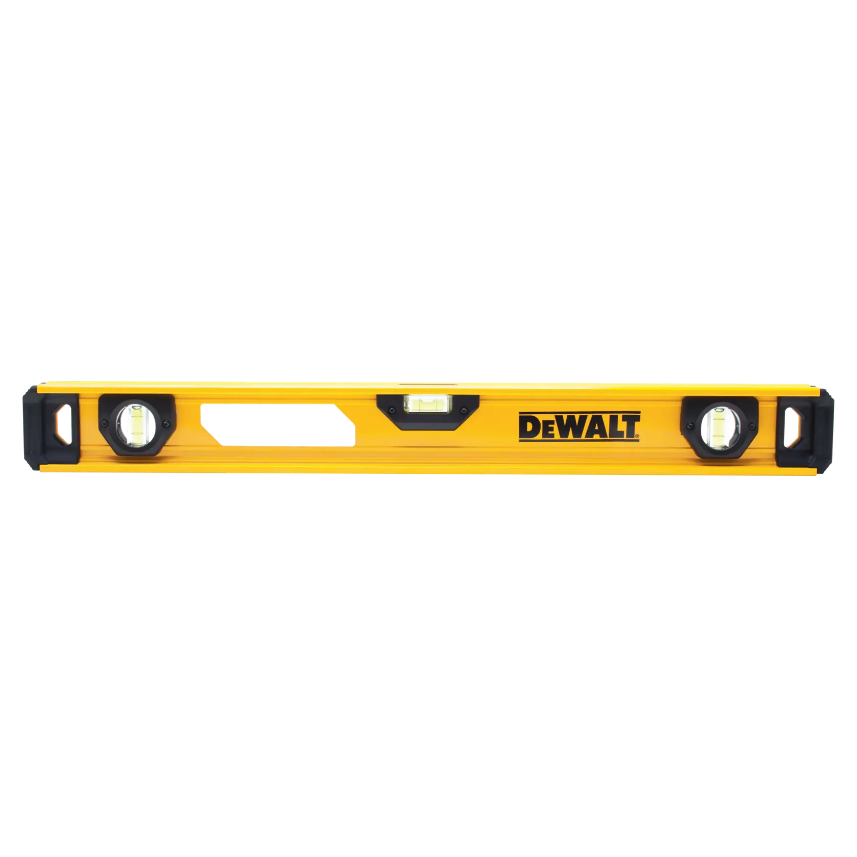A yellow DEWALT spirit level with three bubble vials, designed for accurate leveling and measuring purposes.