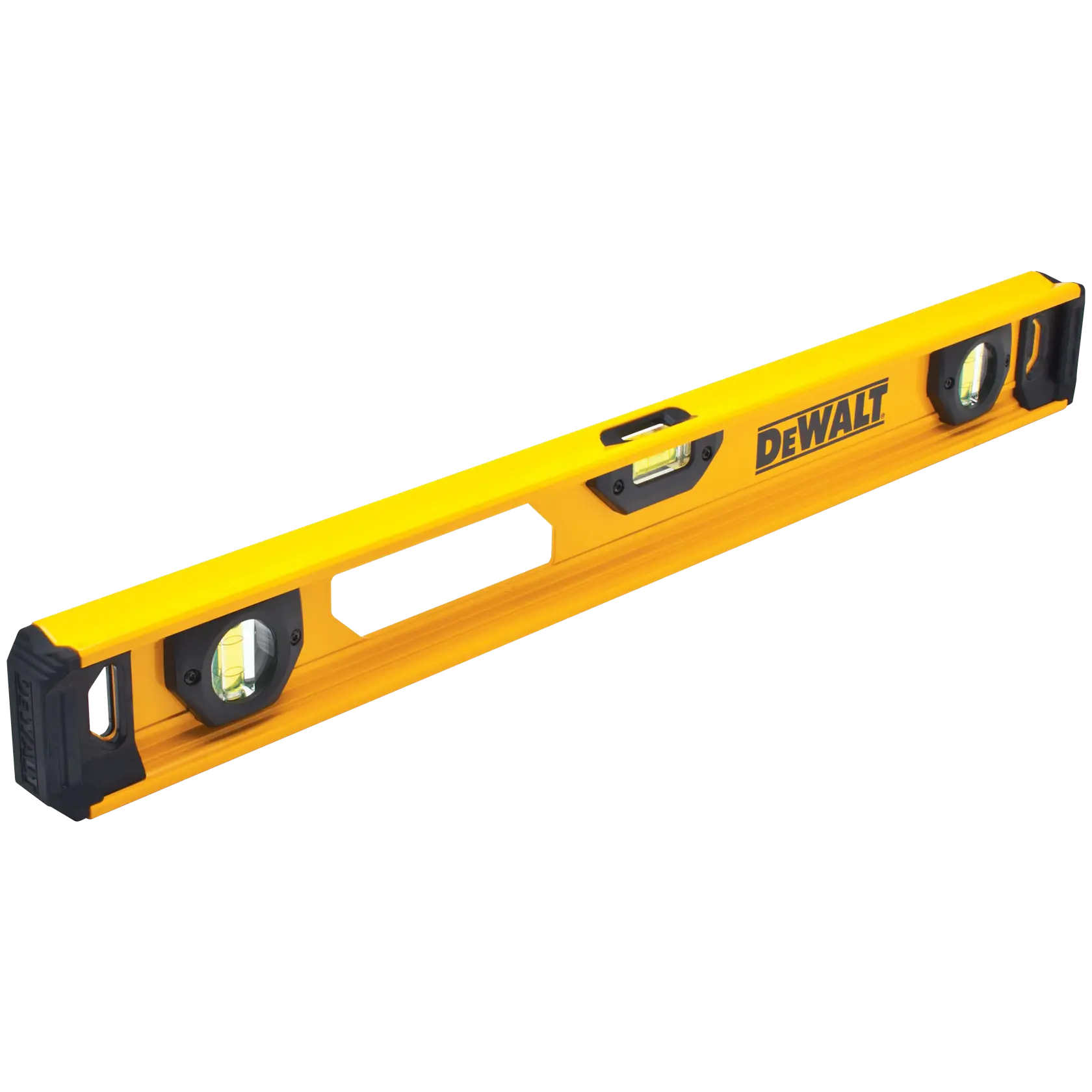 A yellow DEWALT spirit level with three bubble vials and protective end caps, designed for precise measurements in construction or woodworking.