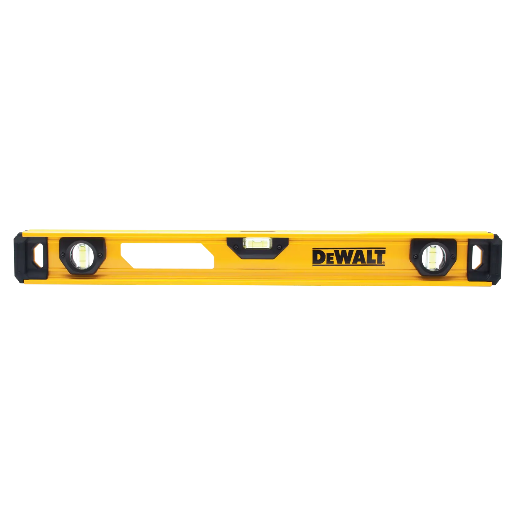 A yellow DEWALT spirit level with three bubble vials and black end caps, used for measuring horizontal or vertical alignment.
