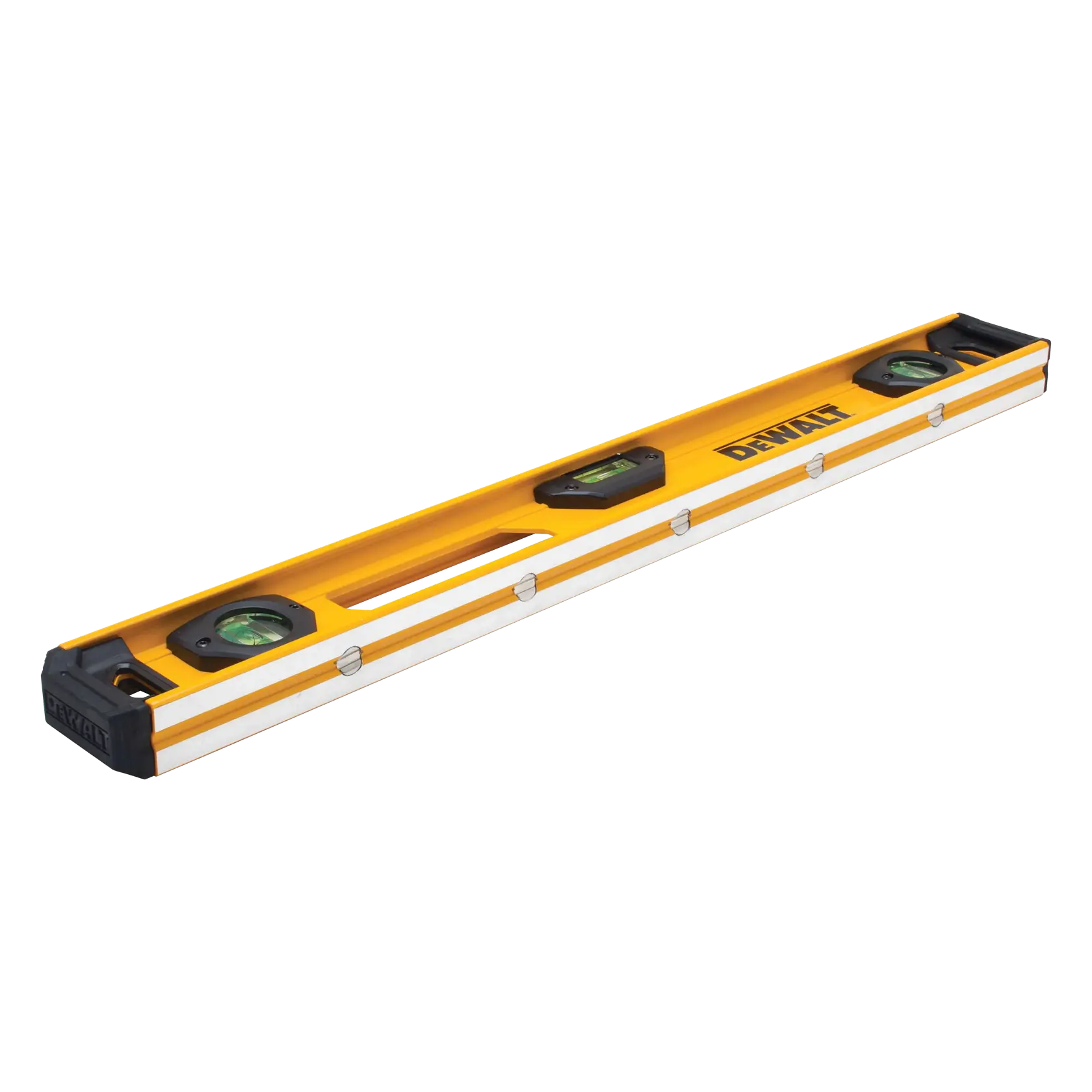 A yellow DEWALT spirit level with three bubble vials, designed for measuring horizontal and vertical alignment. The tool has a sturdy metal construction and features rubber end caps for durability.