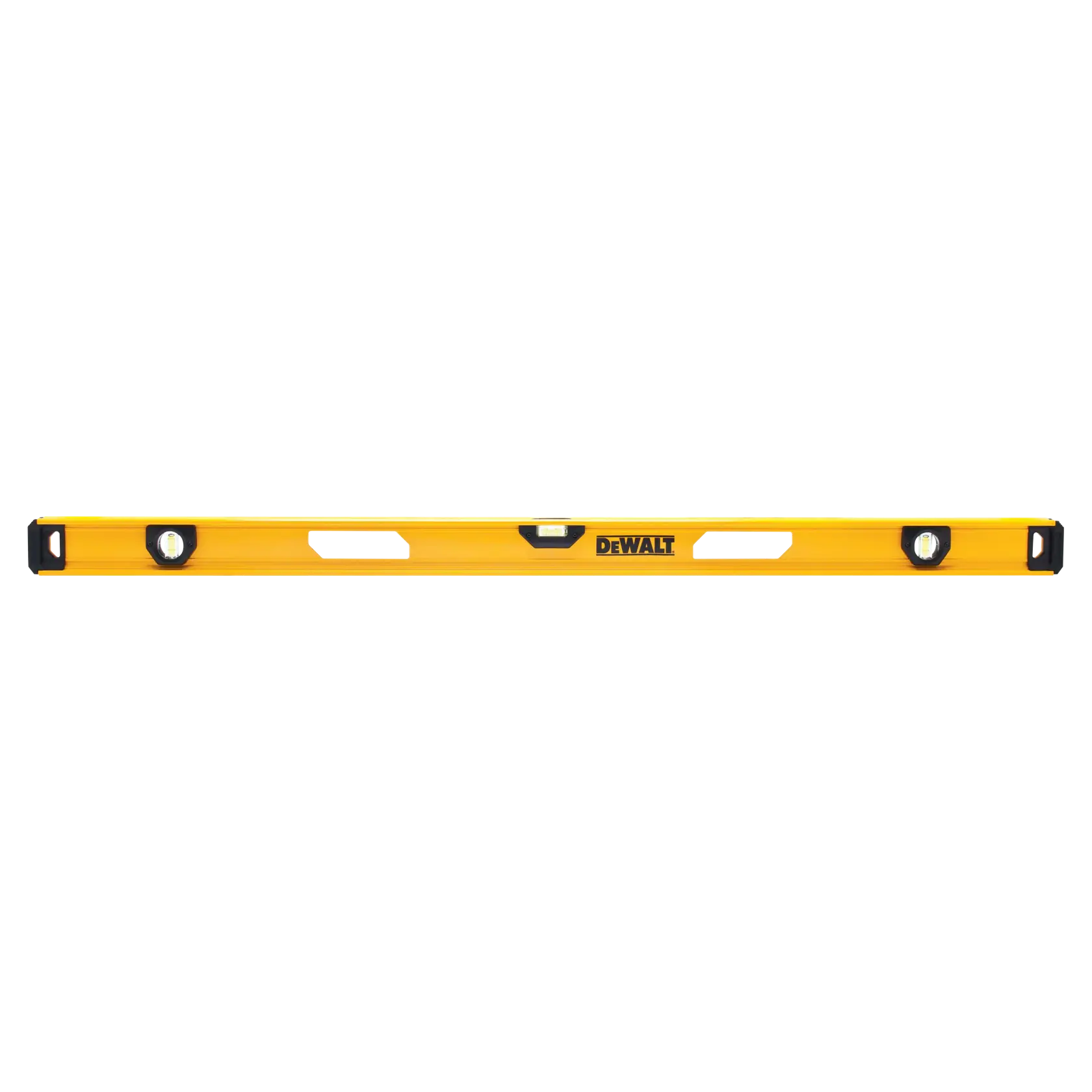A yellow DEWALT spirit level with three bubble vials and black end caps, designed for precise leveling in construction and carpentry.