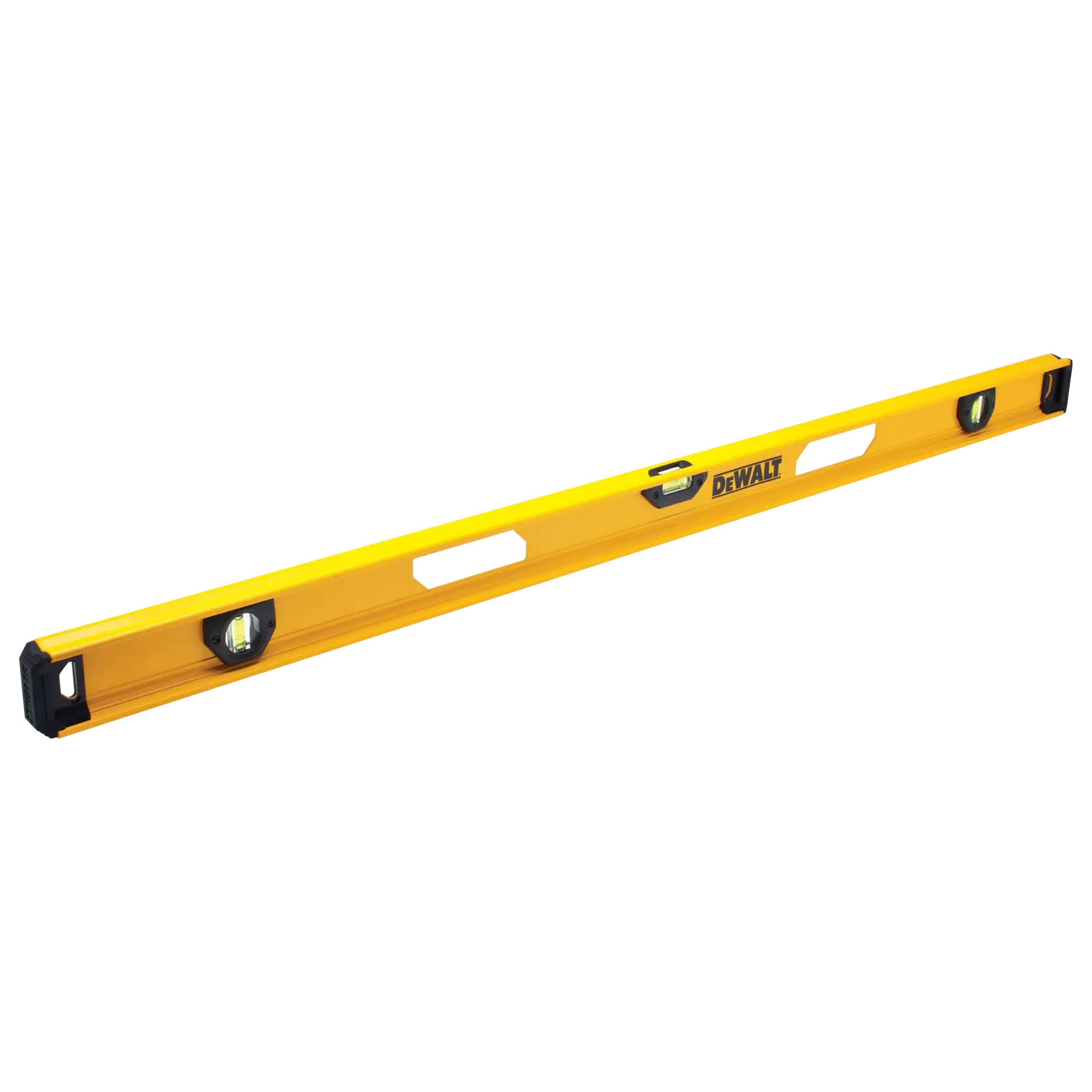 A yellow DEWALT spirit level tool with three bubble vials and two hand grips, designed for precise leveling in construction and carpentry.
