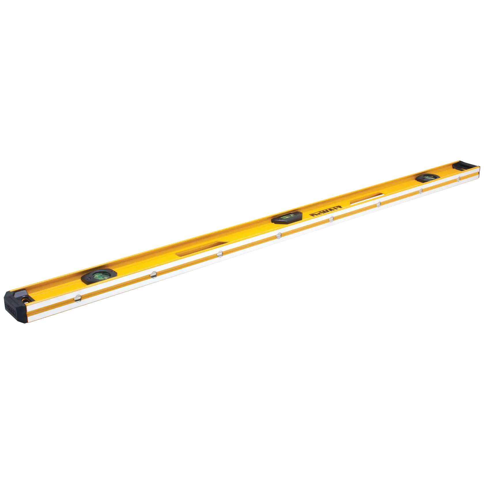 A yellow DEWALT spirit level with three bubble vials and protective end caps, used for measuring horizontal or vertical alignment in construction and carpentry.