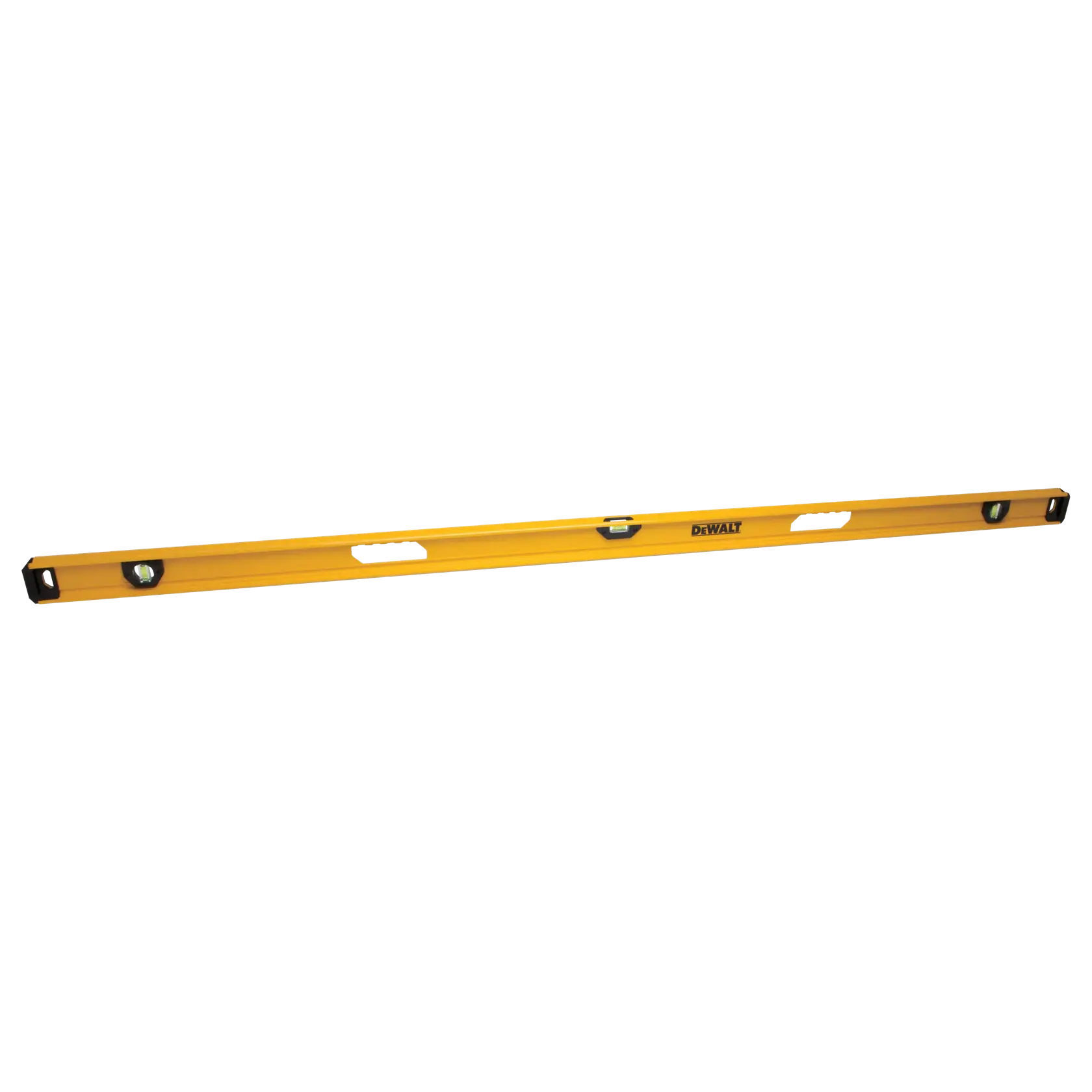 A yellow DEWALT spirit level with three bubble vials and two hand grips, used for measuring horizontal and vertical alignment.