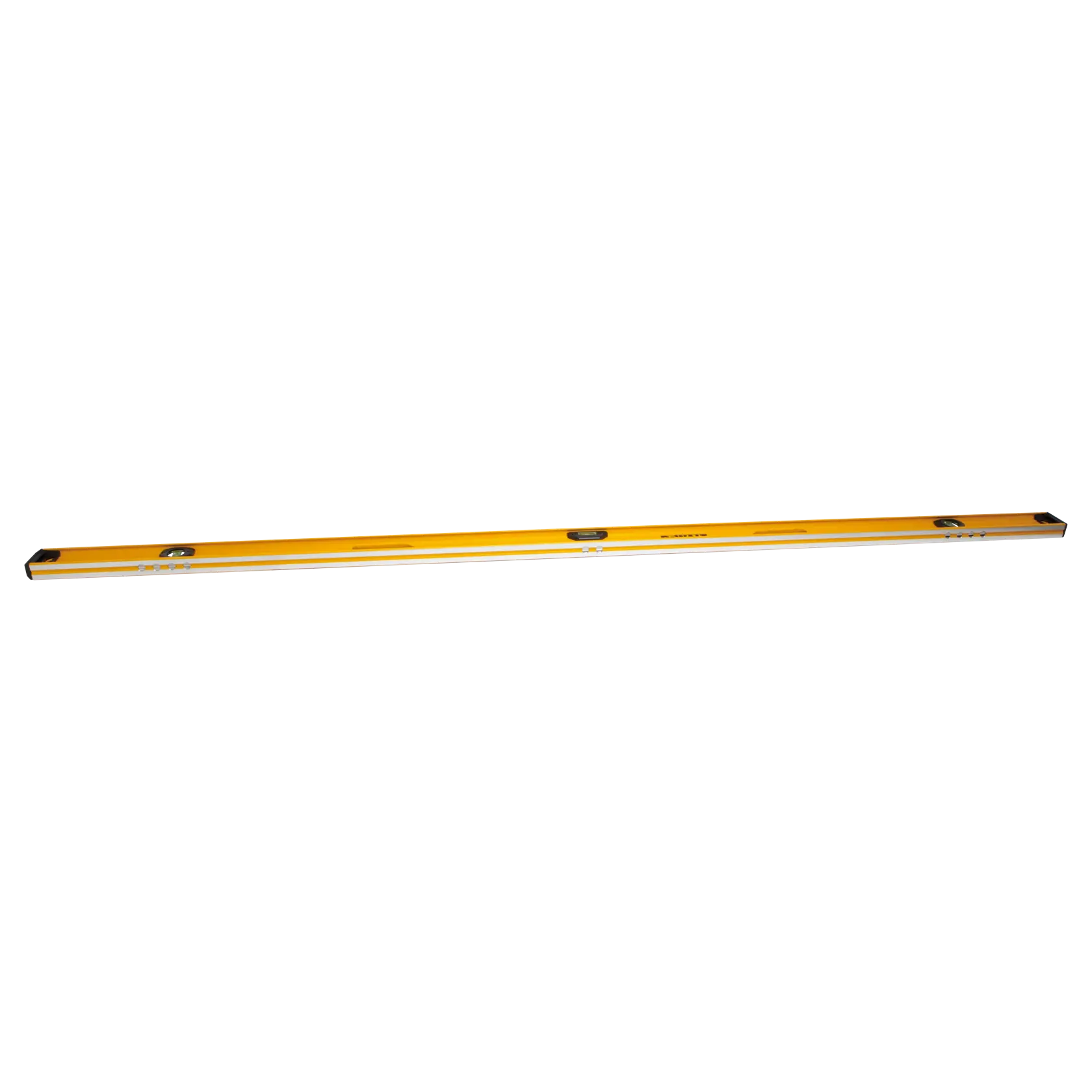 A long yellow aluminum spirit level with three bubble vials, used for checking the horizontal and vertical alignment in construction and carpentry.
