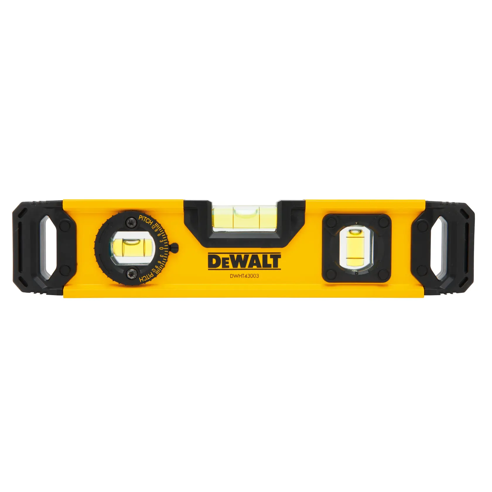 DEWALT DWHT43003 yellow spirit level with three vials and two black handles for precise measurements.
