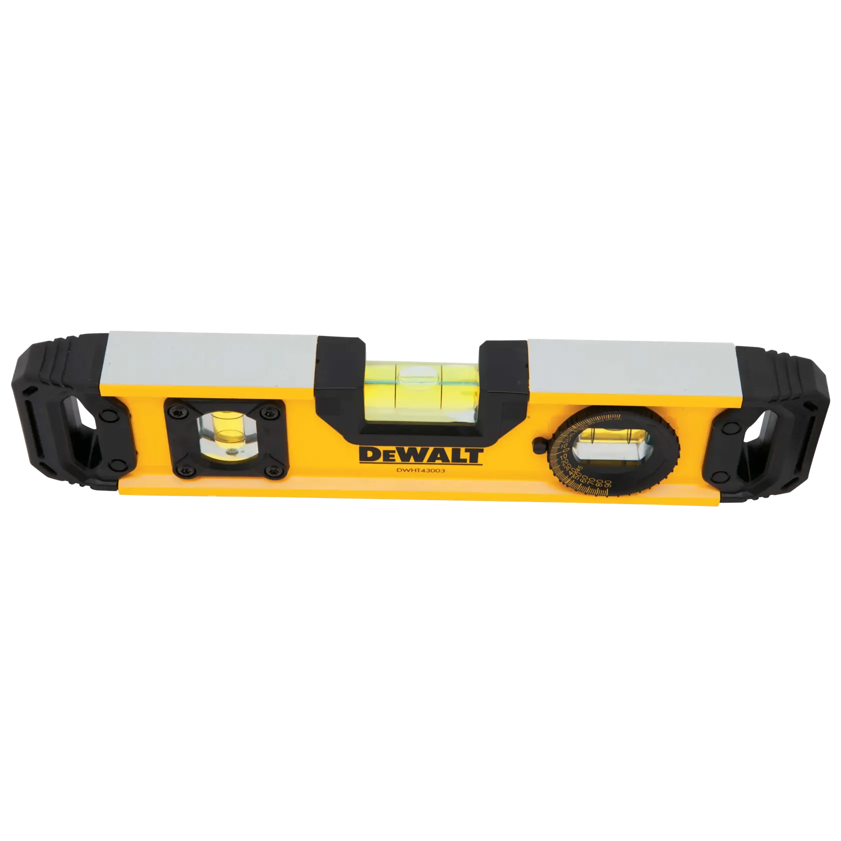 A DEWALT DWHT43003 yellow and black box beam level with three bubble vials, one of which is encased in a rotating circular dial for angle measurements.