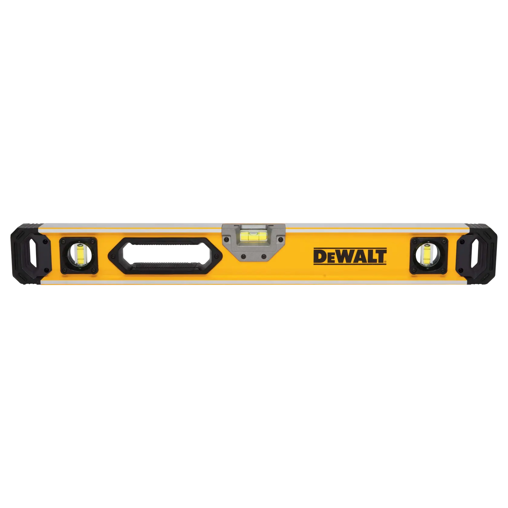 A yellow DEWALT spirit level tool with three bubble vials and a handle, designed for measuring level surfaces.