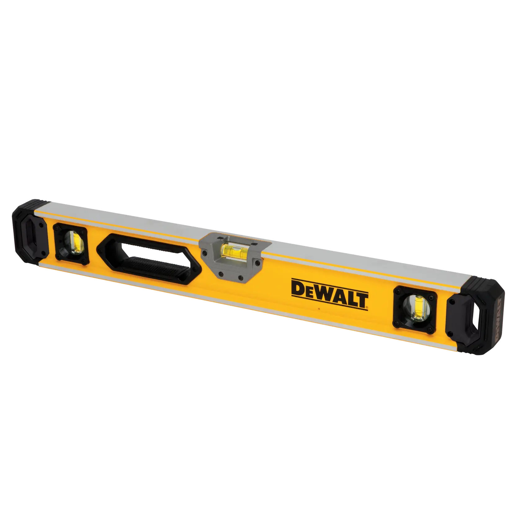 A yellow DEWALT spirit level with black end caps and three bubble vials, used for measuring horizontal and vertical alignment.