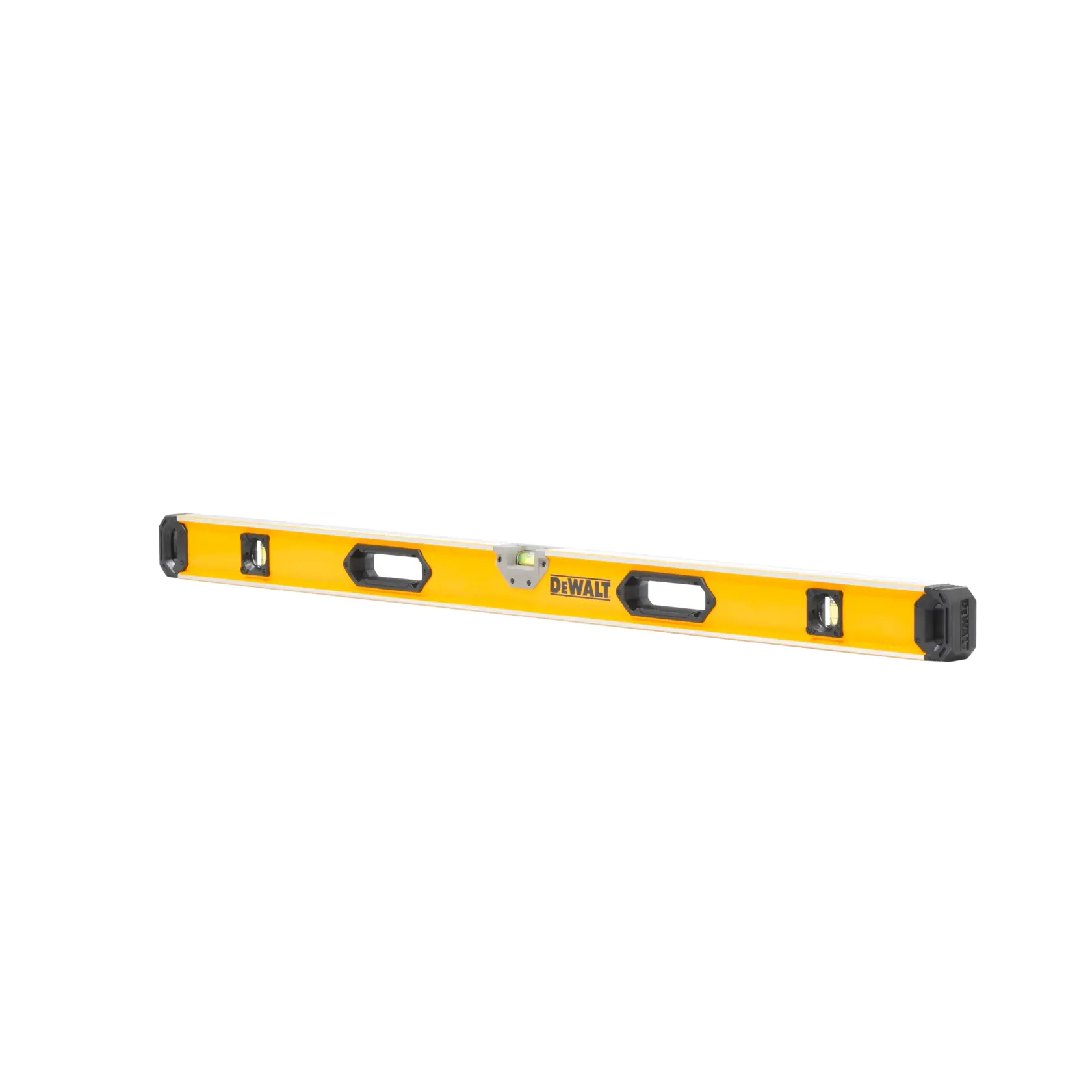 A yellow DEWALT spirit level with black end caps and three bubble vials, shown on a white background.