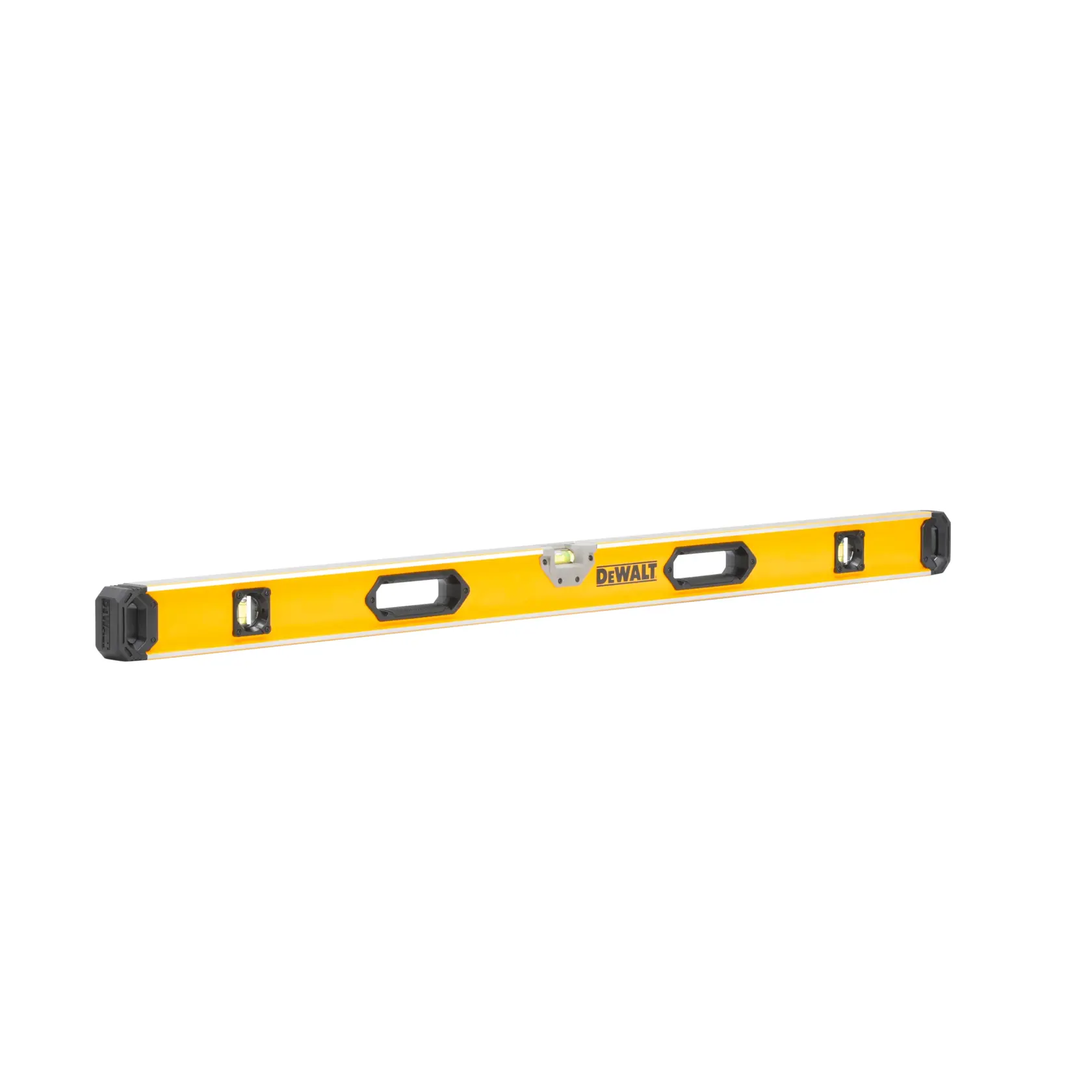 A yellow DEWALT spirit level with black end caps and built-in handles, shown on a white background.