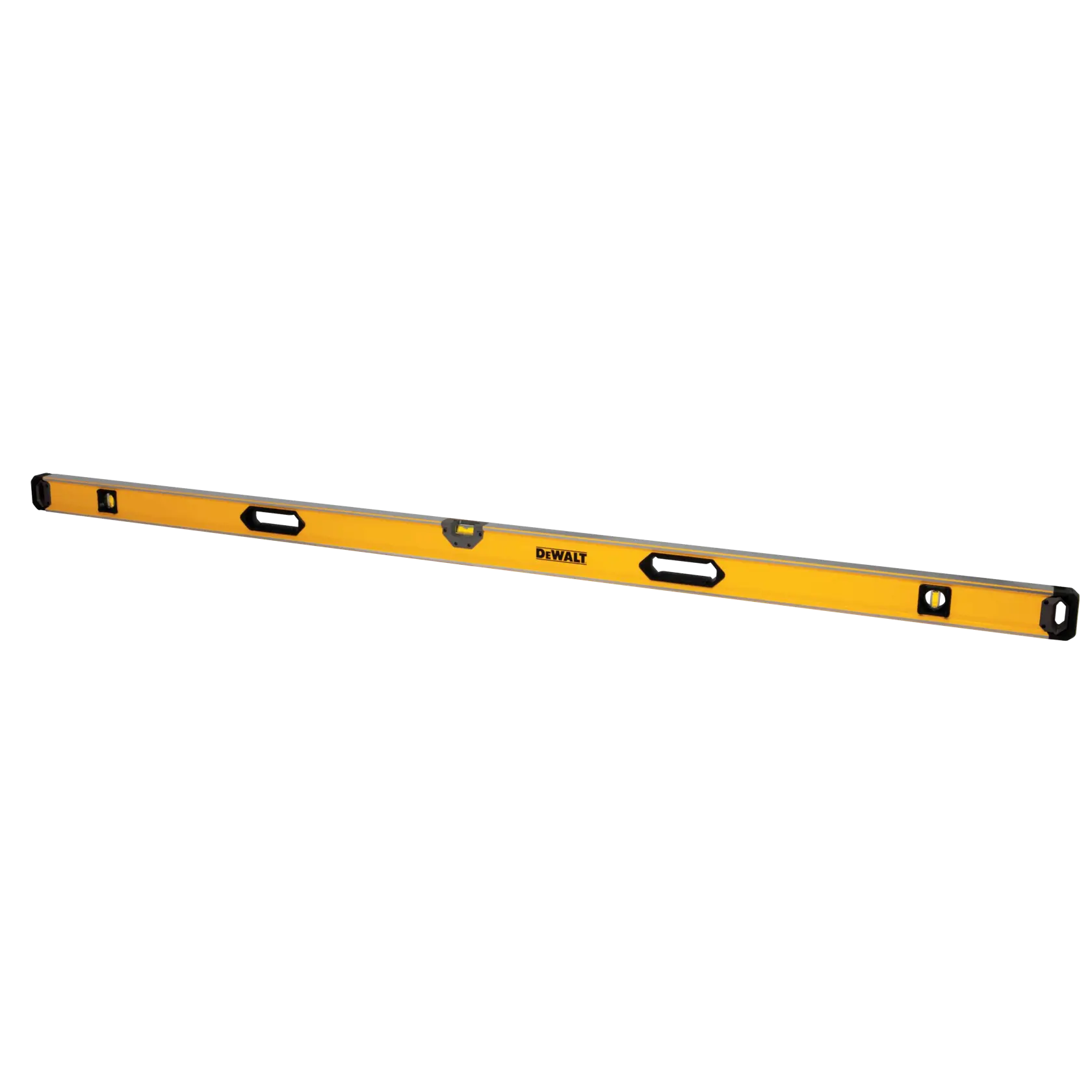 A long yellow DEWALT spirit level with three bubble vials and two handles for gripping. The tool is used to determine horizontal and vertical alignment in construction and carpentry.