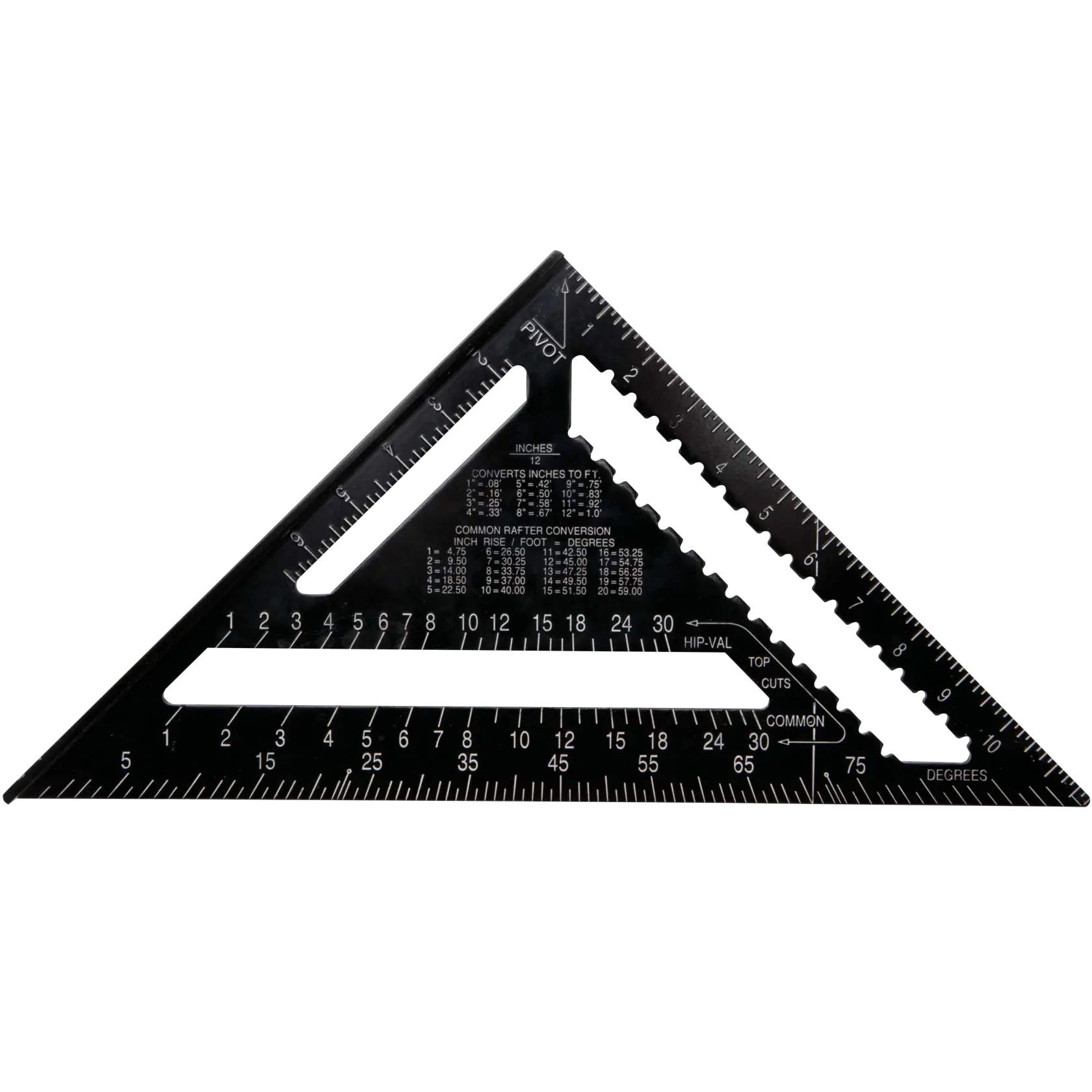 A black DEWALT triangular carpenter's square with various measurement markings and conversion tables printed in white on its surface.