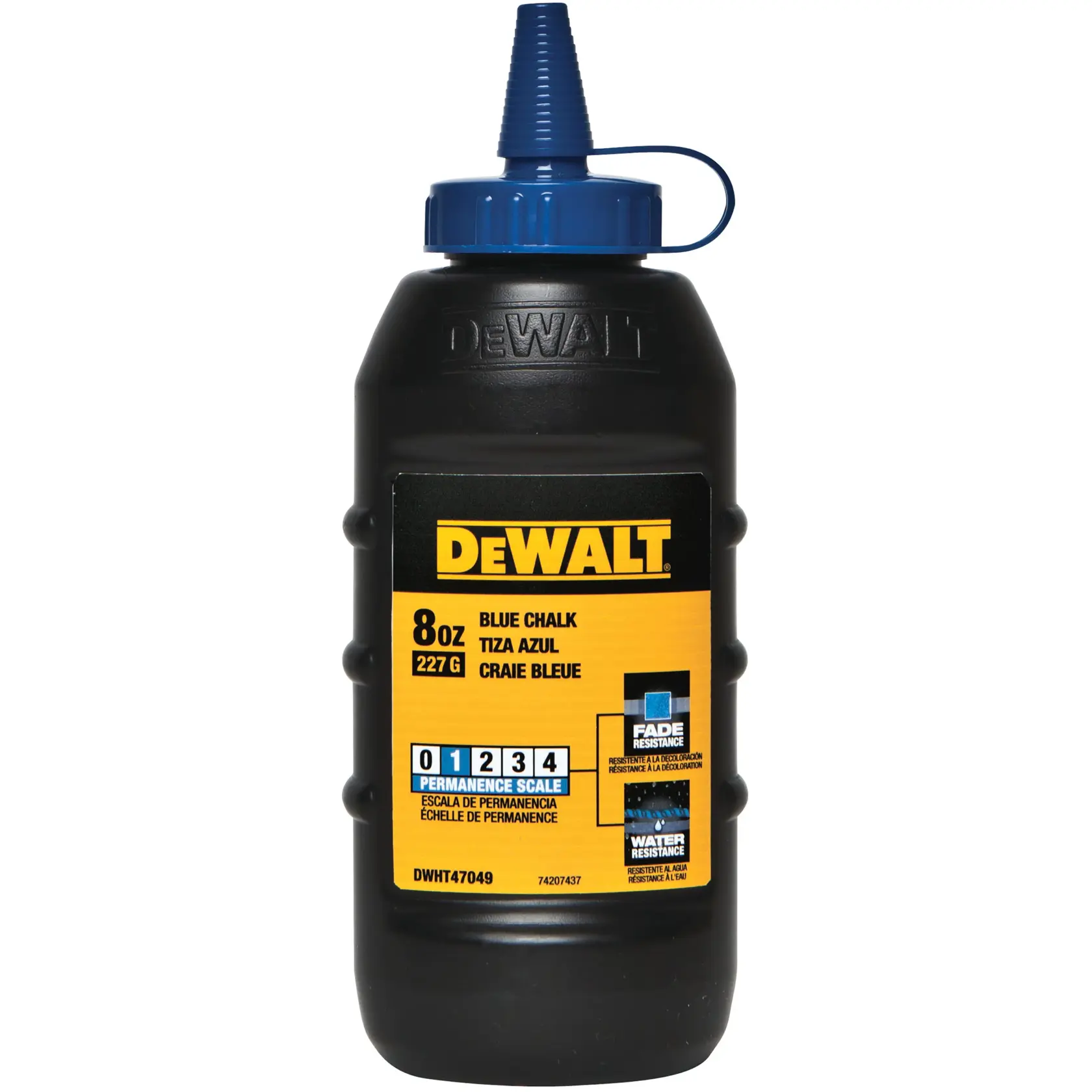 DEWALT 8oz blue chalk bottle with twist cap, used for marking lines during construction or carpentry.