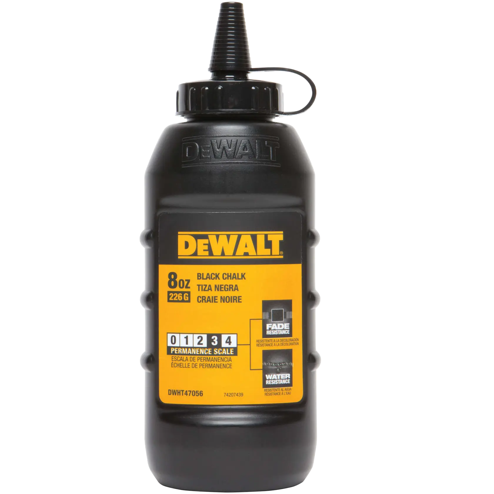 A bottle of DEWALT black chalk, 8 oz (226 g), featuring water resistance and high fade resistance. The bottle is black with a yellow label and a pointed dispenser cap.