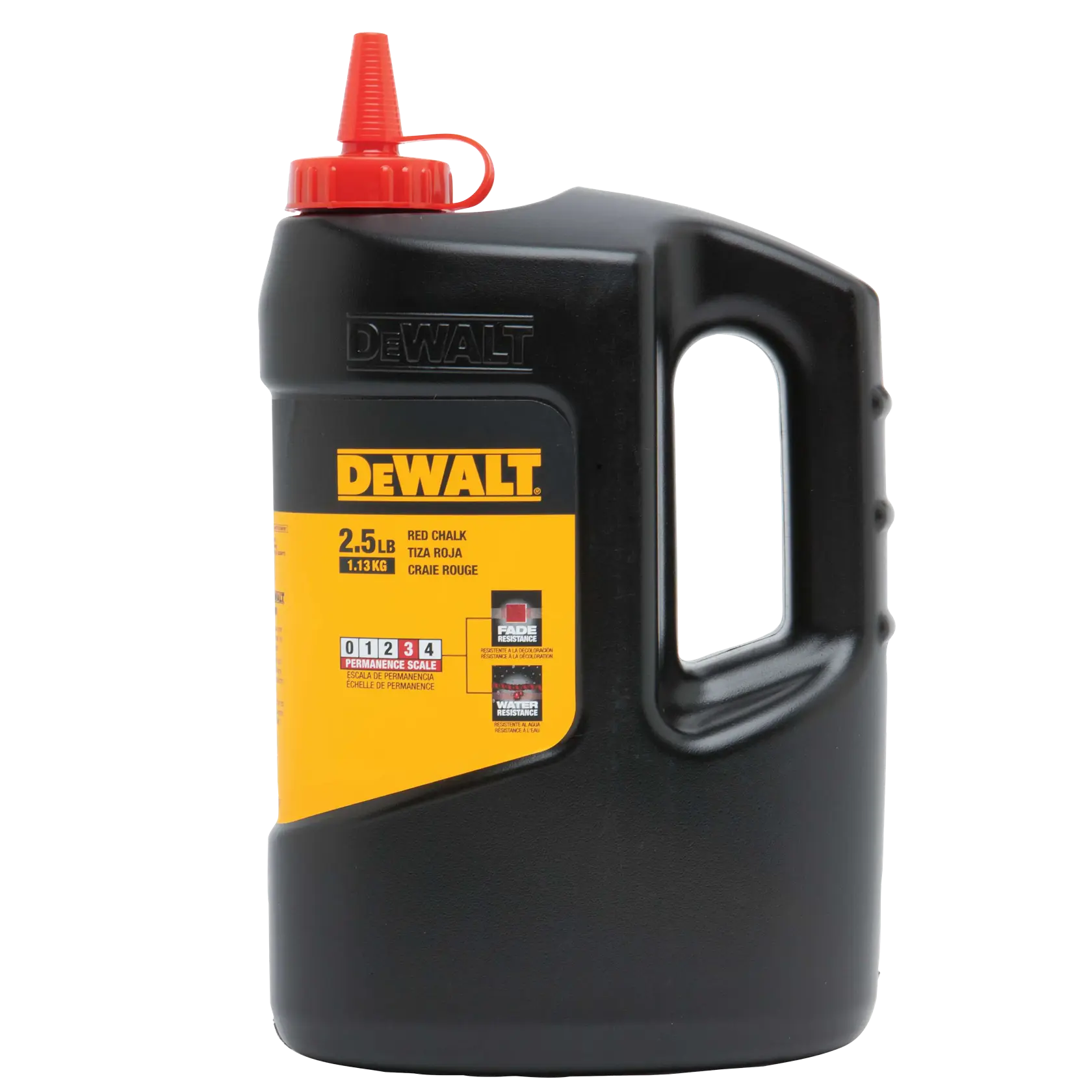 A large black plastic container of DEWALT red chalk powder, with a yellow label and a red nozzle cap. The label indicates a weight of 2.5 lbs (1.13 kg) and is marked for high permanence and resistance to fading and water. The container features a handle for easy carrying.