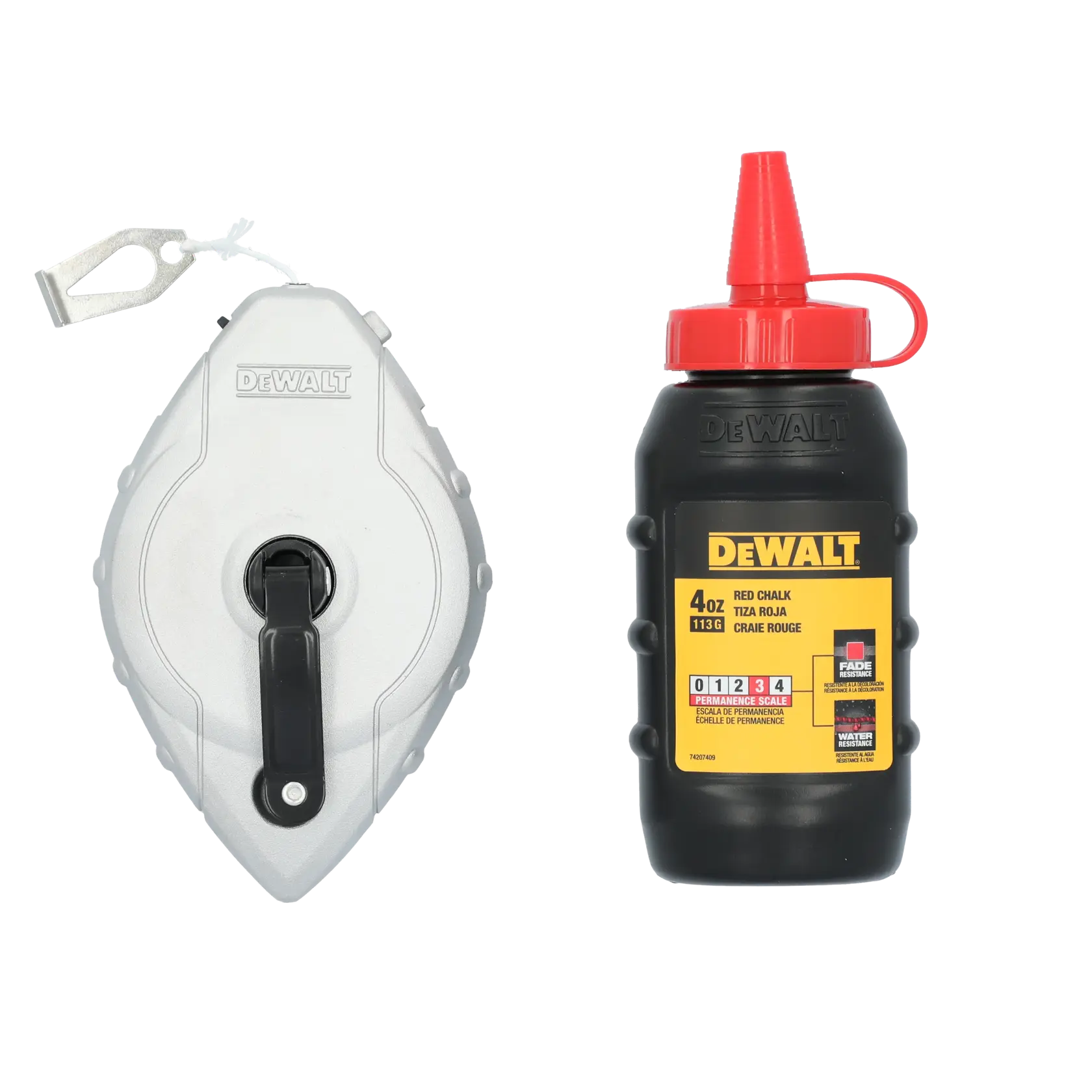 A DEWALT chalk line tool with a metal case and a plastic bottle of red chalk refill with a red spout, both placed side by side.