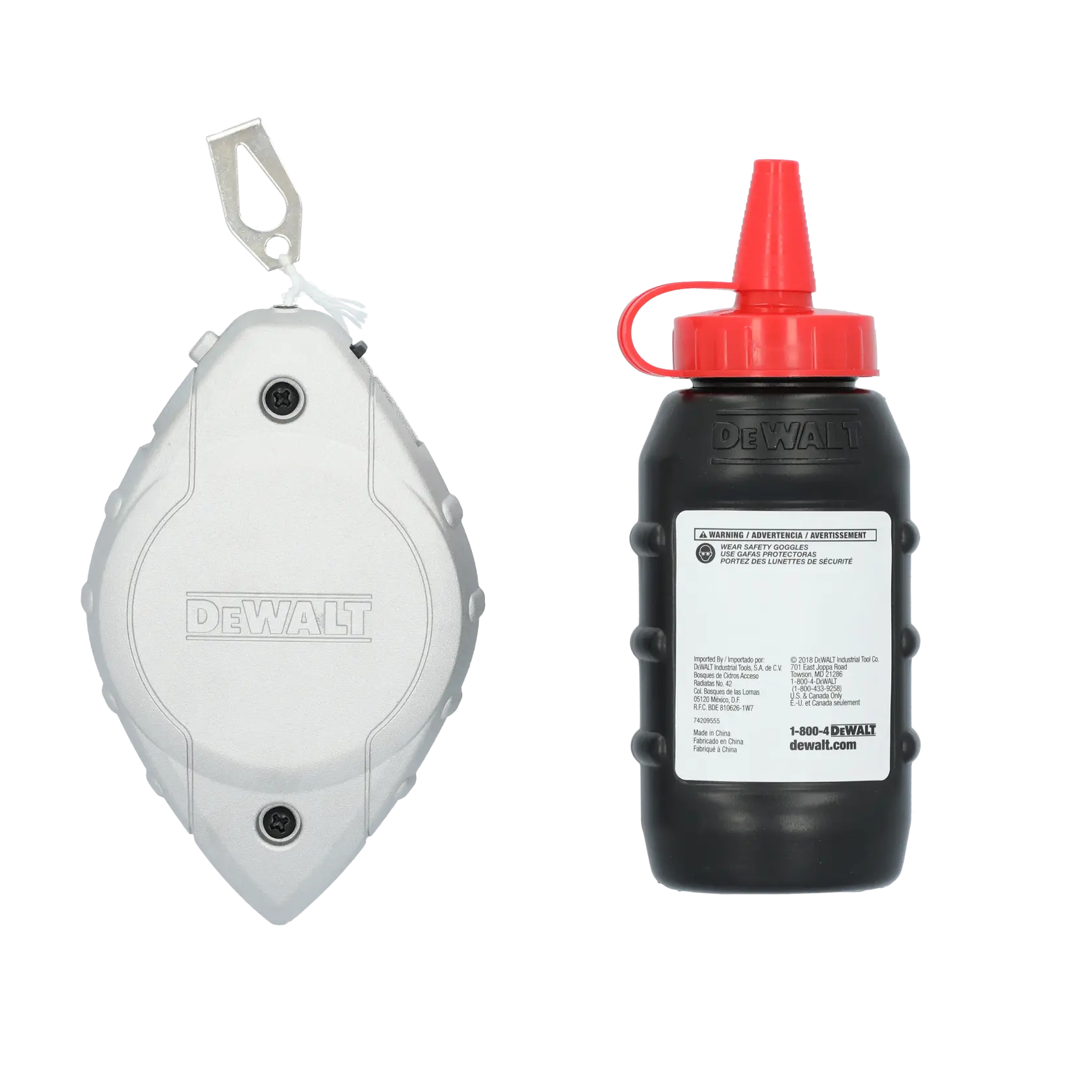 A DEWALT chalk line reel and a black bottle of chalk powder with a red cap, both placed side by side on a white background.