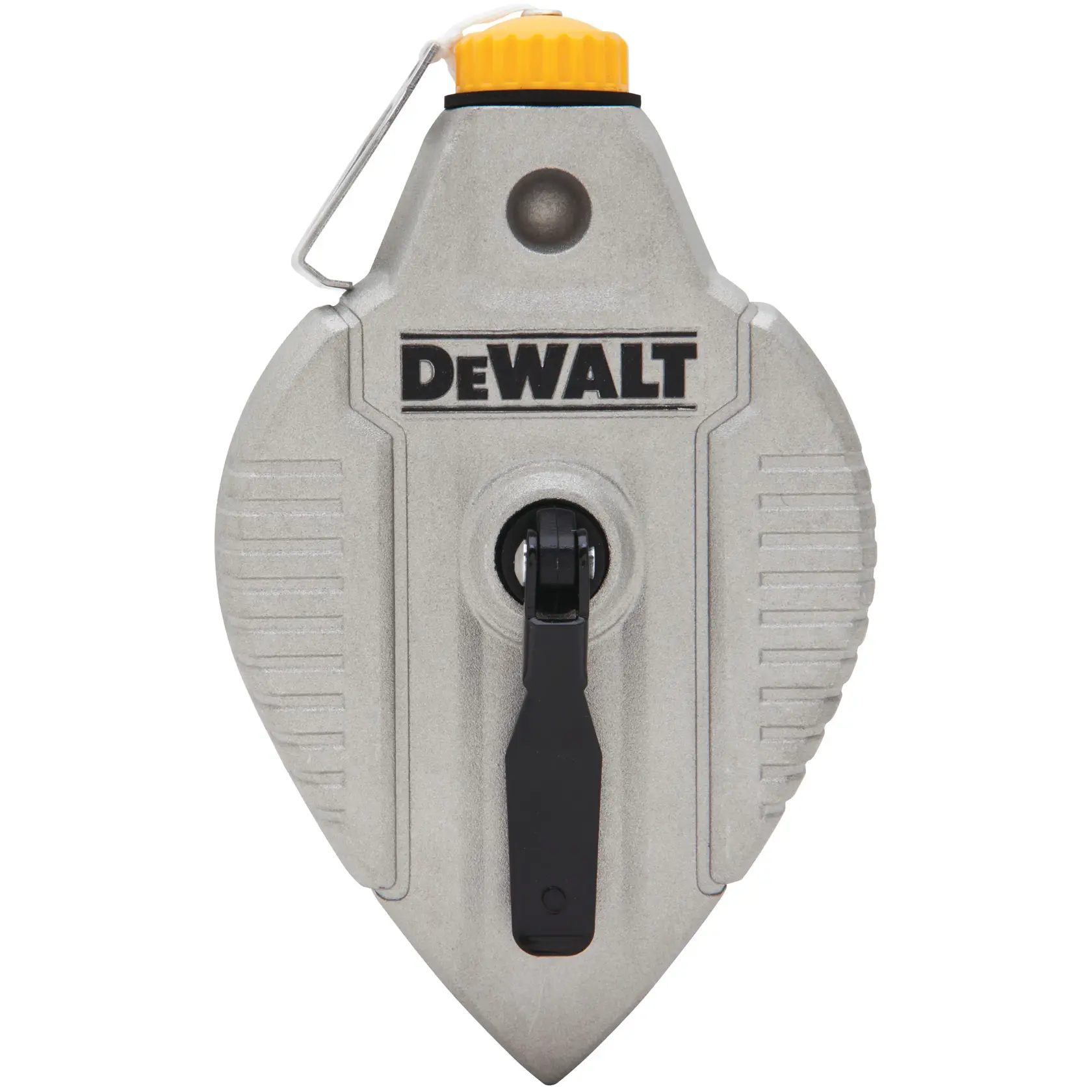 DEWALT chalk line reel tool with yellow top, black handle, and gray body for marking straight lines.