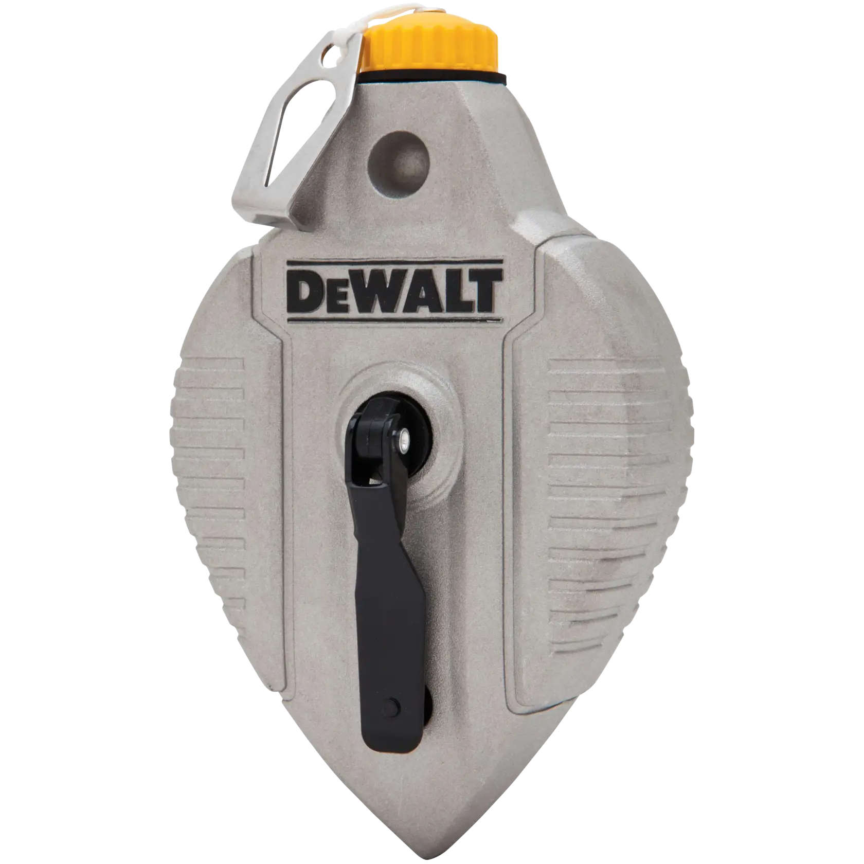 A DEWALT branded chalk line reel with a yellow cap and black handle, used for marking straight lines on surfaces in construction or carpentry.