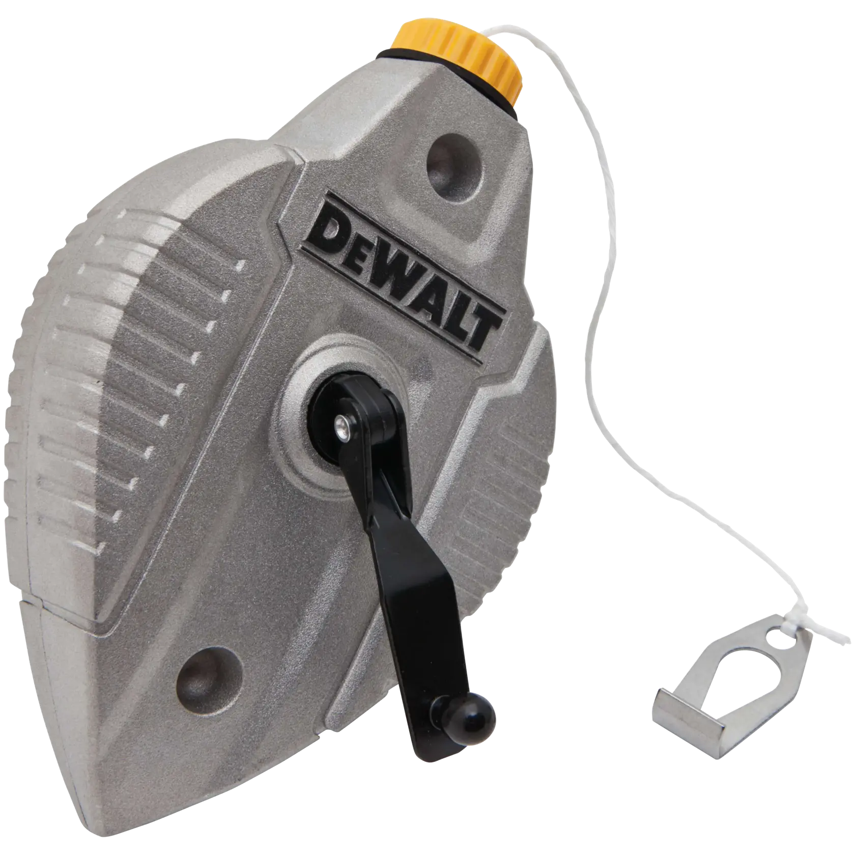 A DEWALT chalk line reel with a metallic body, a black winding handle, a yellow cap, and a string with a metal hook attached.