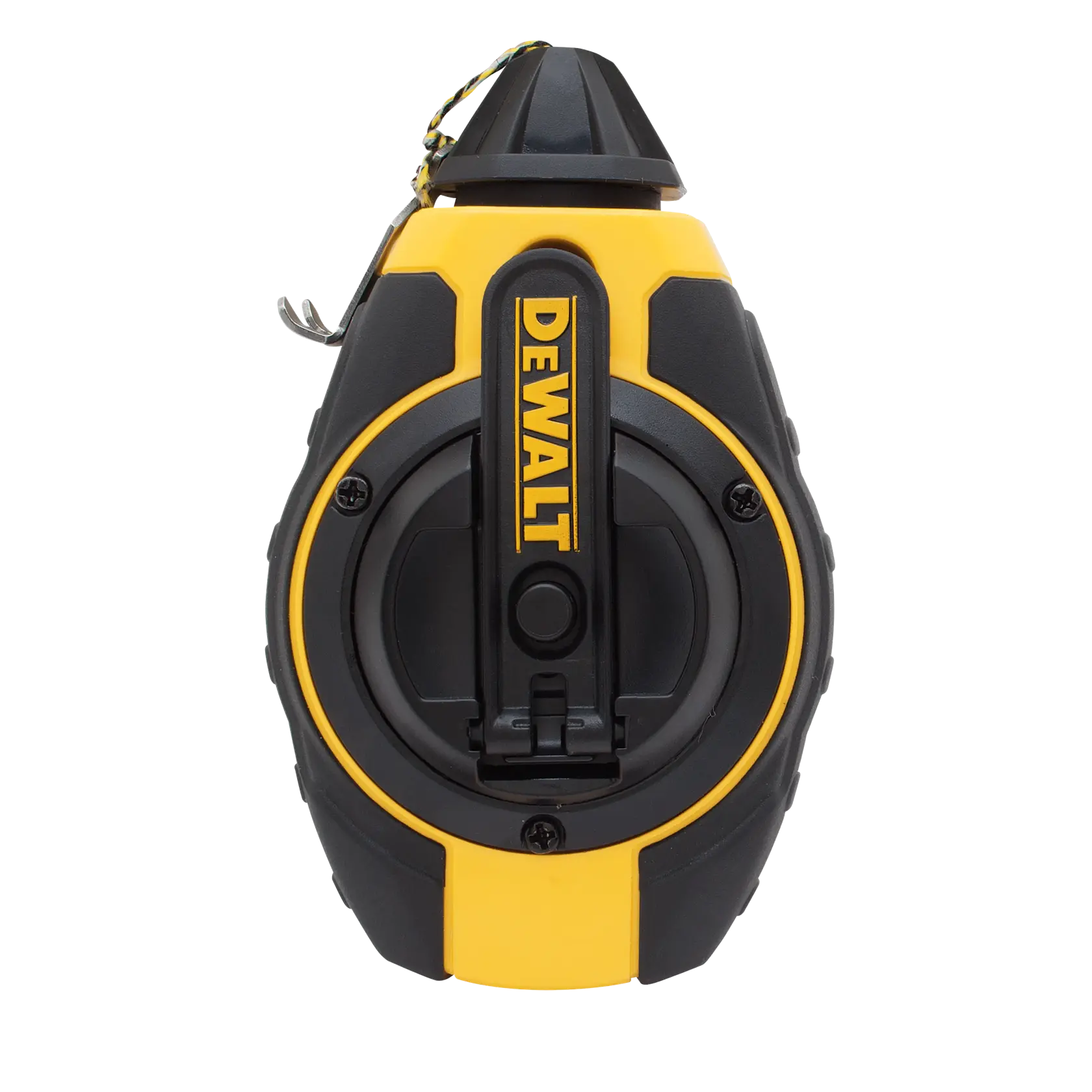 Front view of a DEWALT chalk line reel in black and yellow, used for marking straight lines on surfaces in construction and woodworking.