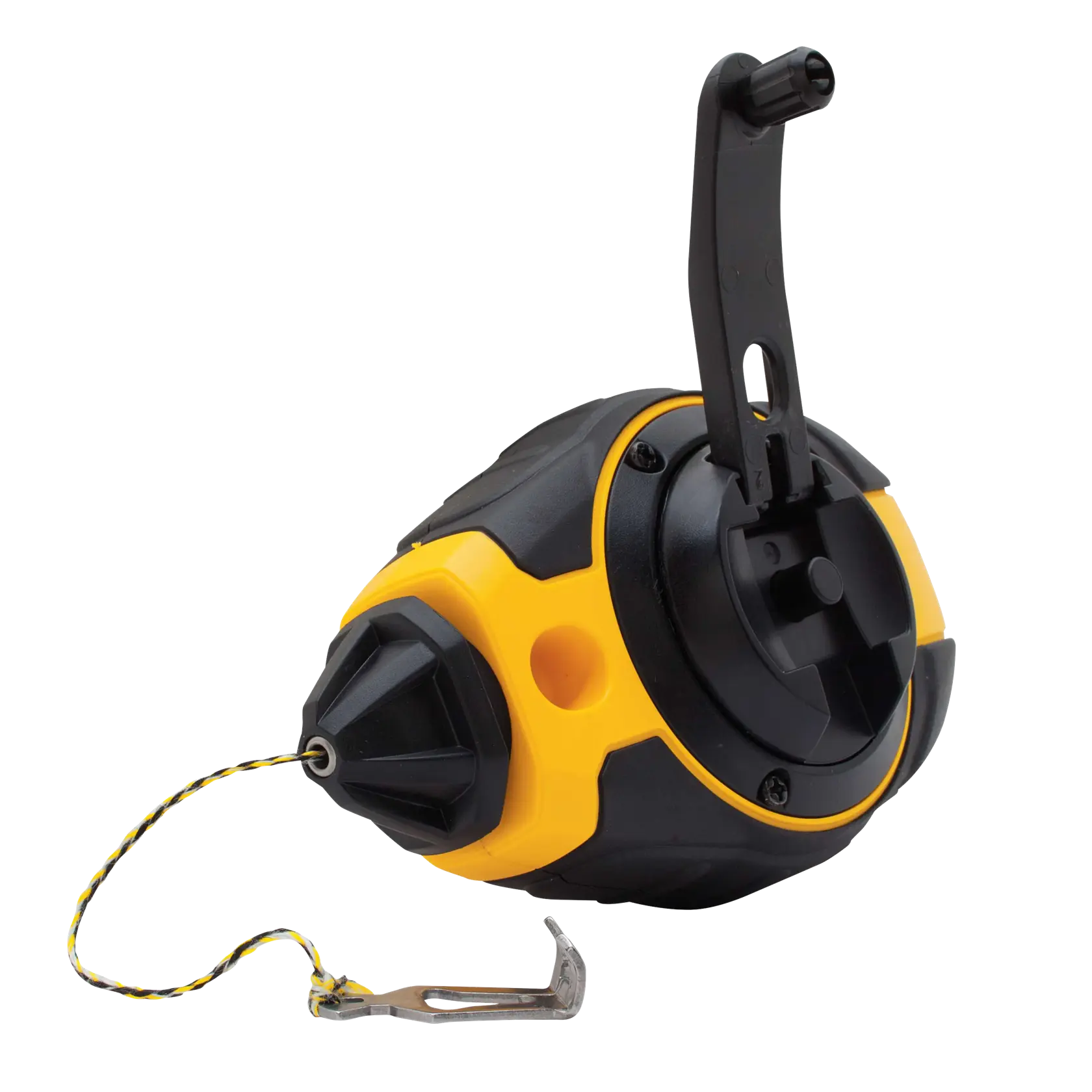 A DEWALT chalk line reel with a black and yellow casing, featuring a winding handle and a hook at the end of the string.