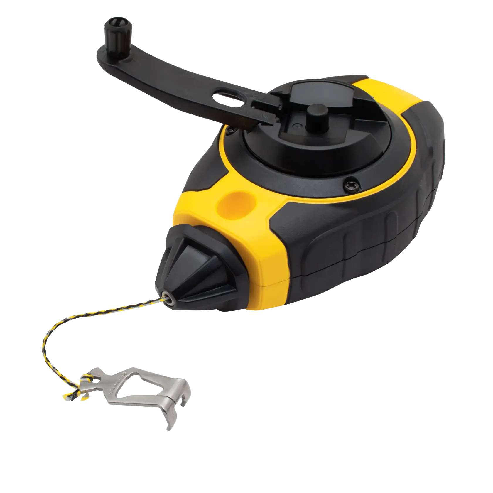 A yellow and black DEWALT chalk line reel tool with a metal hook and a winding handle, used for marking straight lines on surfaces.