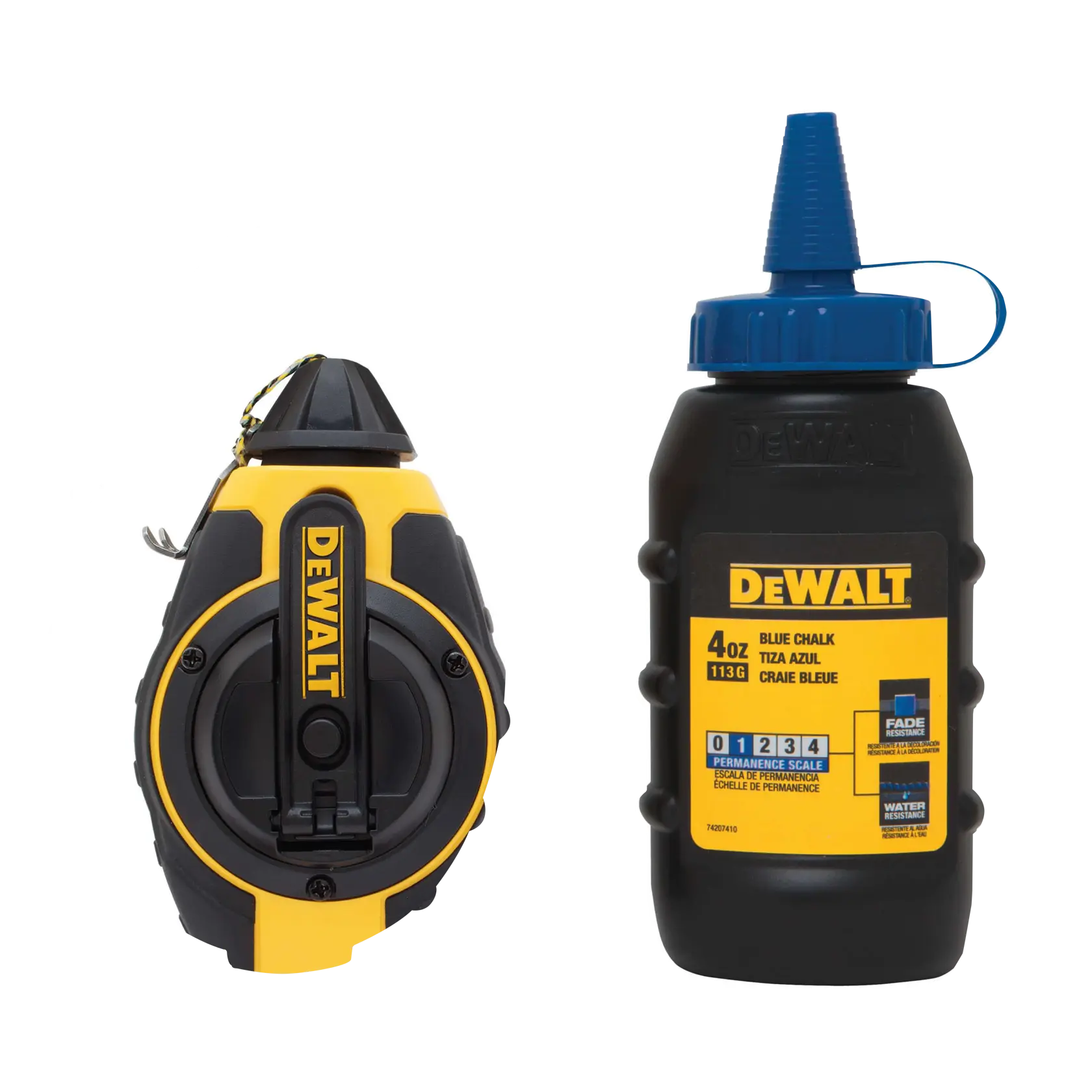 A DEWALT chalk line reel and a bottle of blue chalk, used for marking straight lines on surfaces in construction and carpentry.