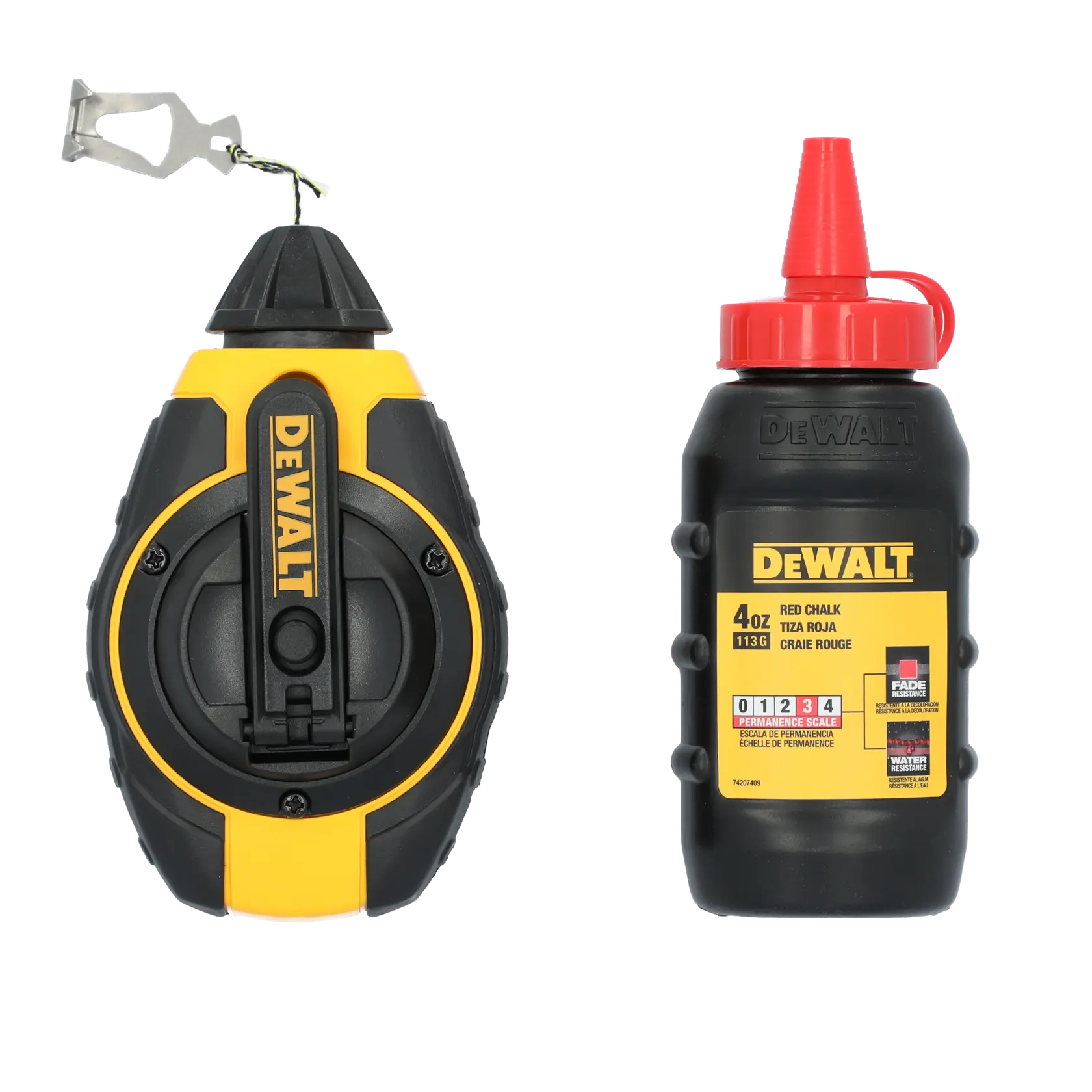 DEWALT chalk line reel and red chalk bottle for marking straight lines on surfaces.