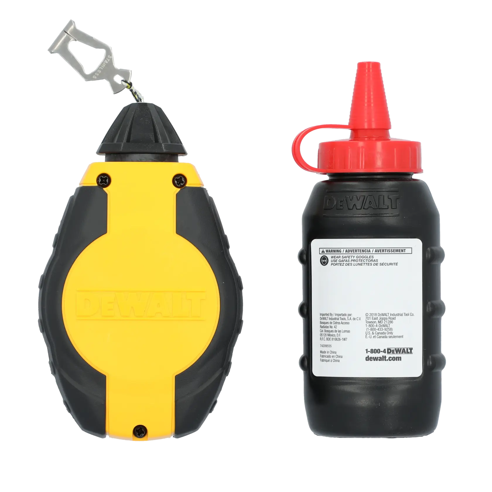 Two DEWALT products: on the left is a yellow and black chalk line reel with a metal clip attached, and on the right is a black plastic squeeze bottle with a red nozzle cap, used for chalk marking in construction and photography tasks.