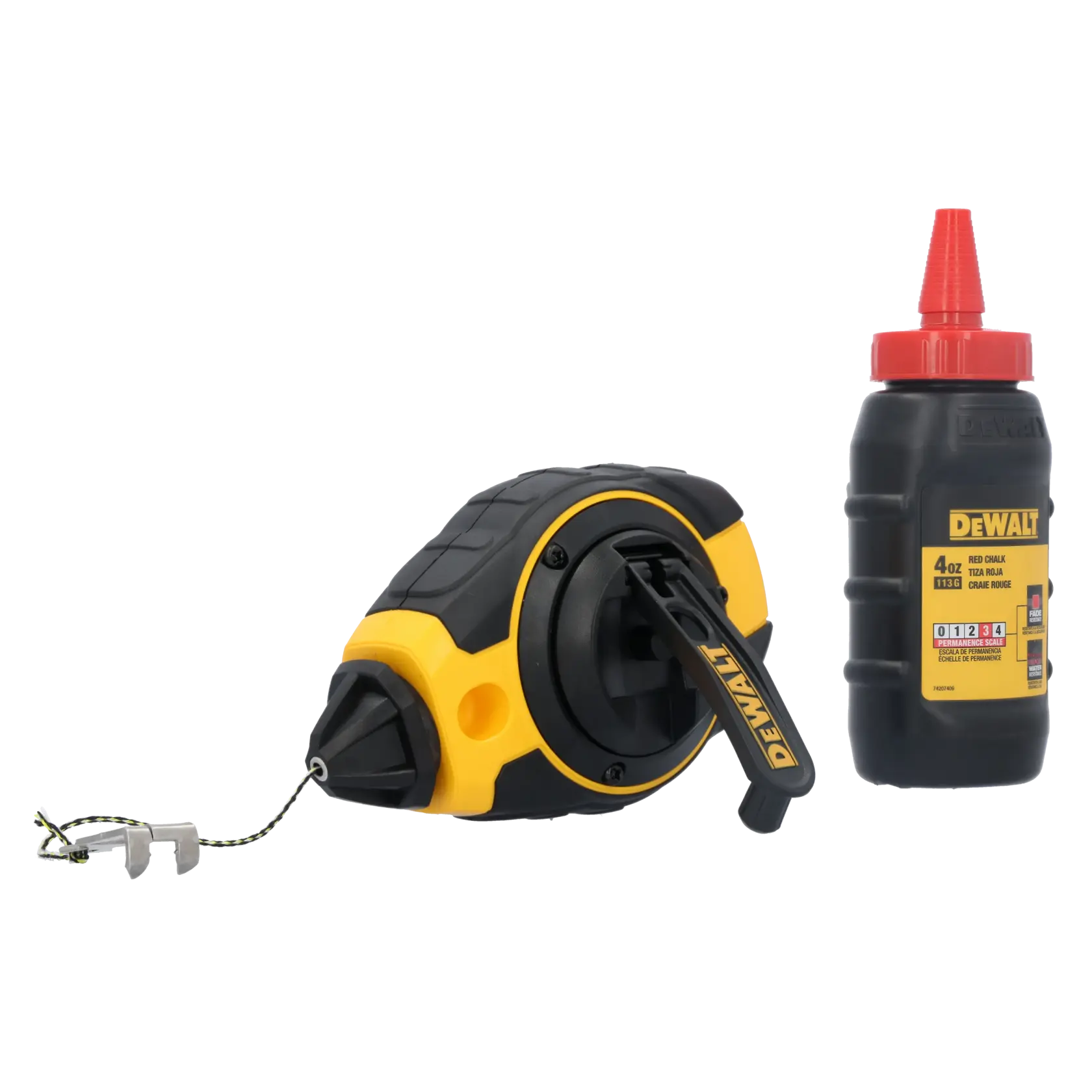 A DEWALT chalk line tool set, including a black and yellow chalk reel and a bottle of red chalk powder.