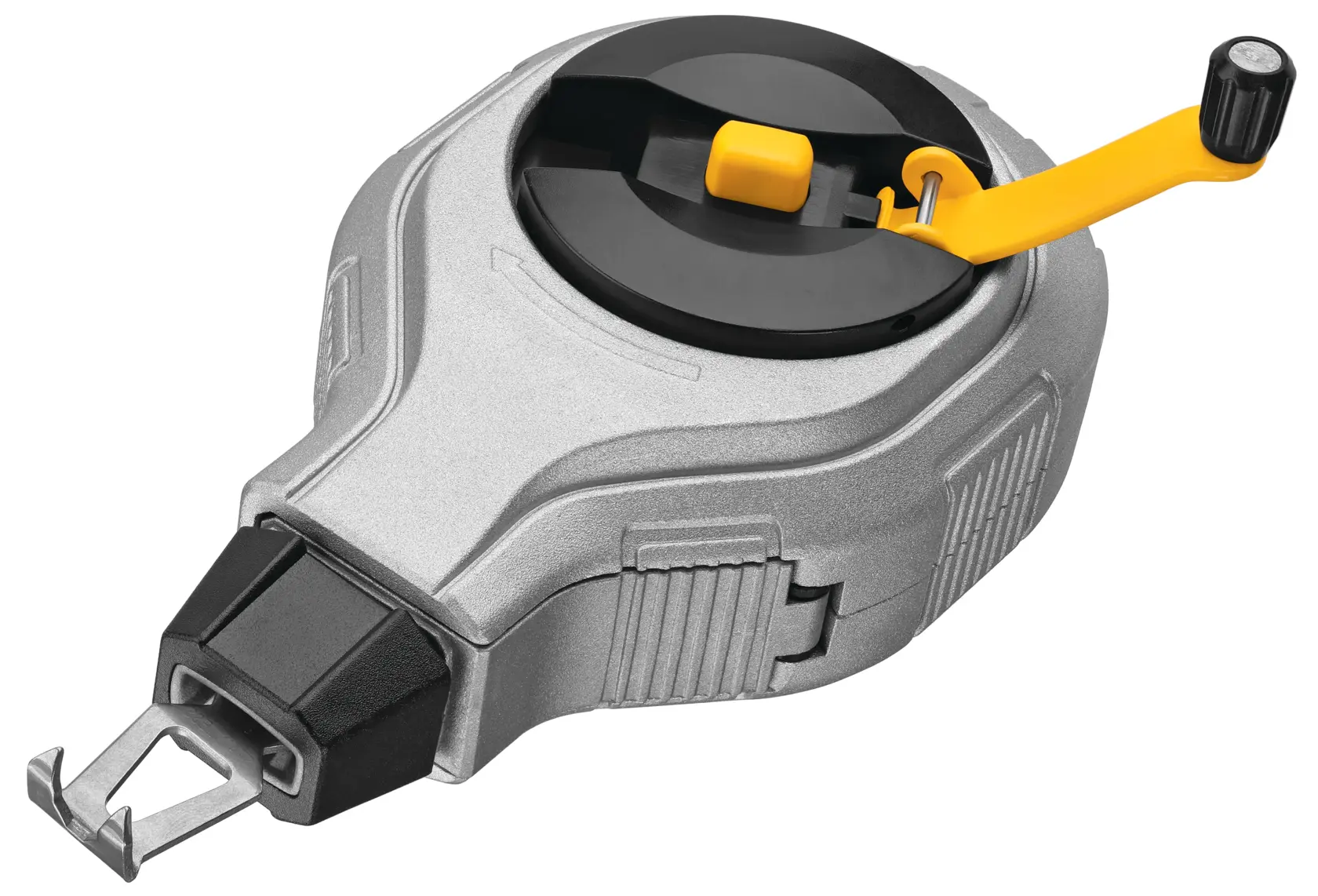 A DEWALT chalk line tool with a silver and black body, featuring a yellow crank handle for winding, designed for marking straight lines in construction or carpentry.