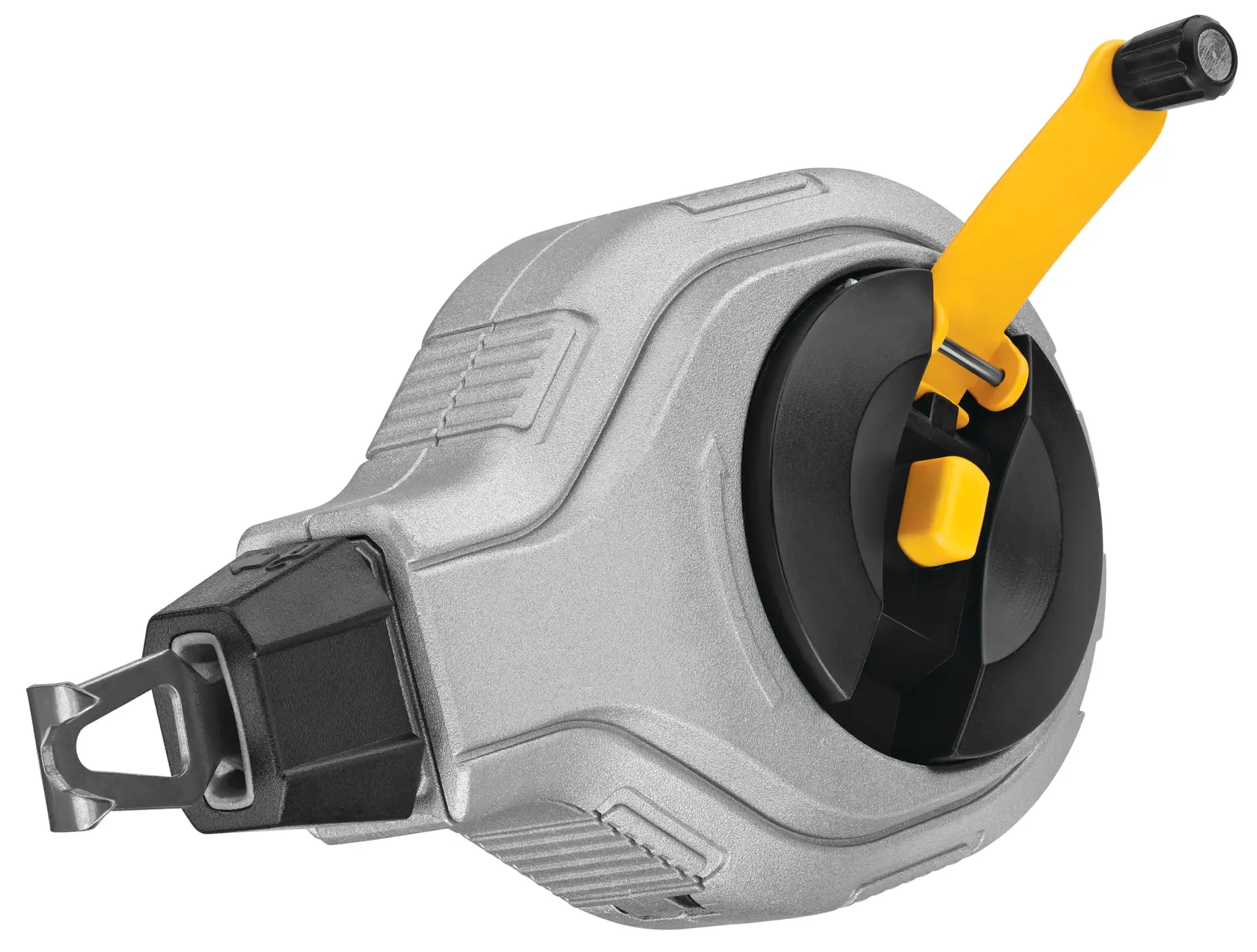 A DEWALT chalk line reel with a silver and black body and a yellow handle, used for marking straight lines on surfaces.