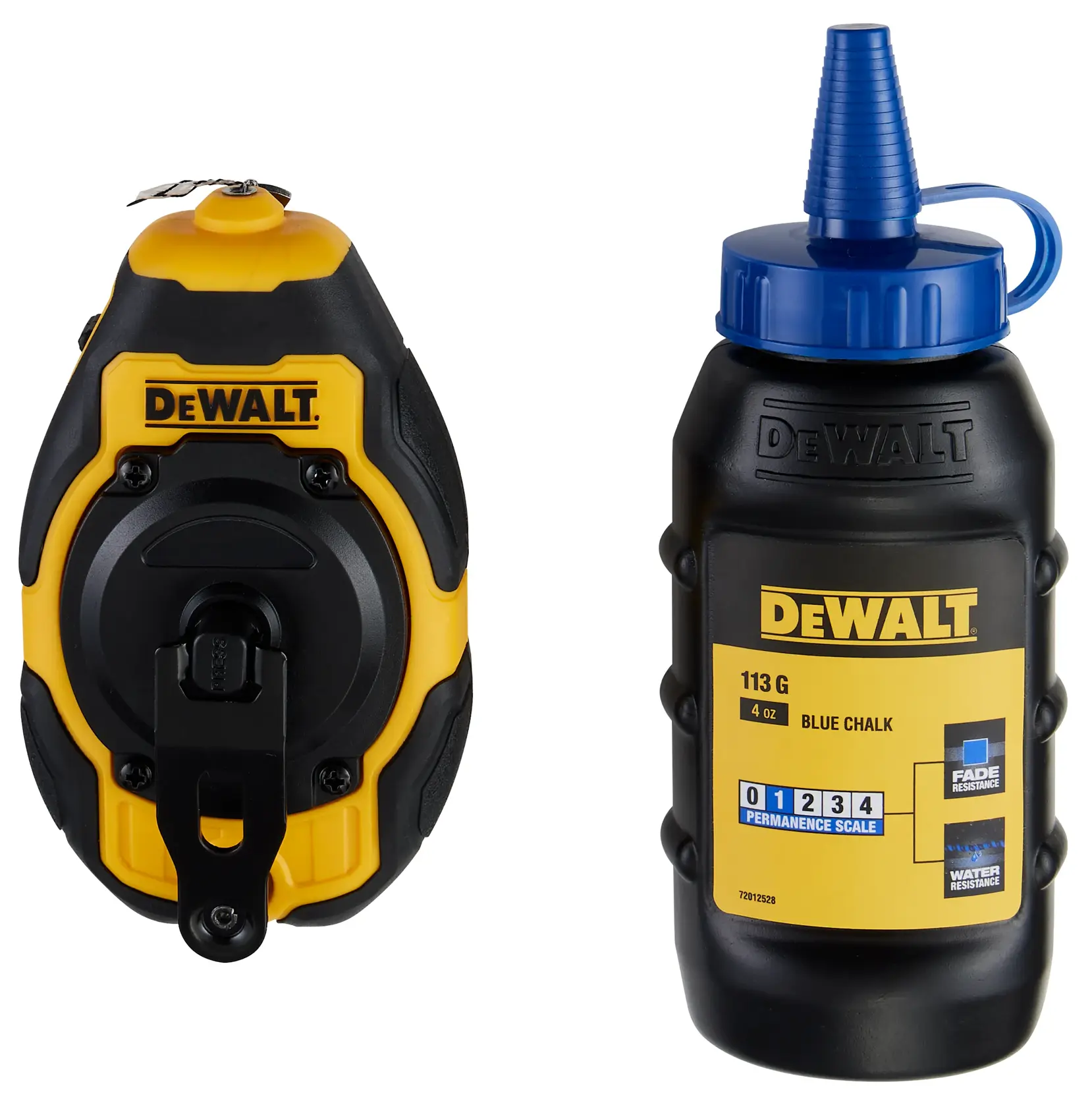 DEWALT chalk line tool and blue chalk refill bottle; both black and yellow, for marking straight lines in construction.