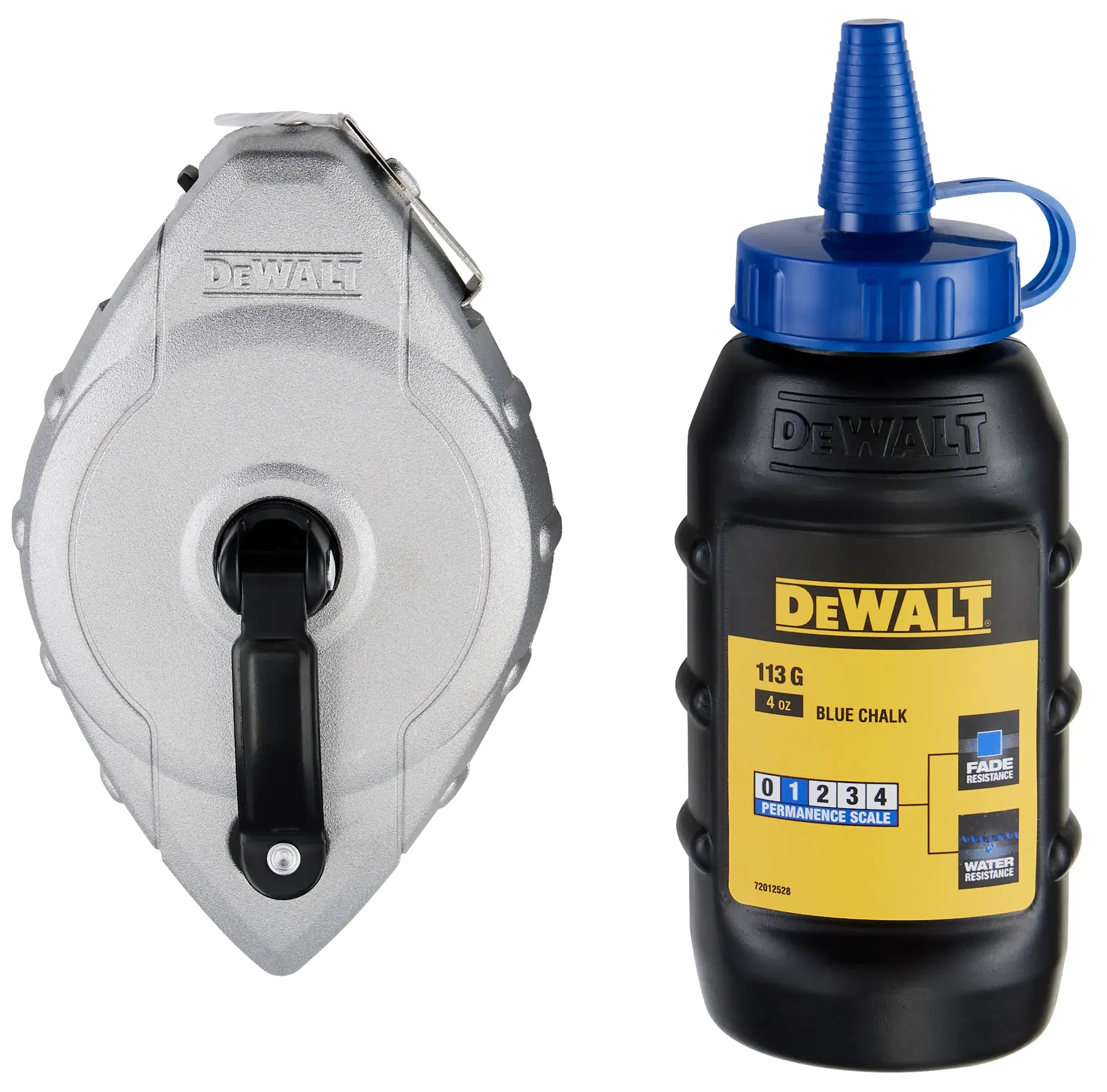 A DEWALT chalk line kit, including a silver chalk line reel and a black plastic bottle of blue marking chalk with a blue spout, both showing the DEWALT brand and product labels.