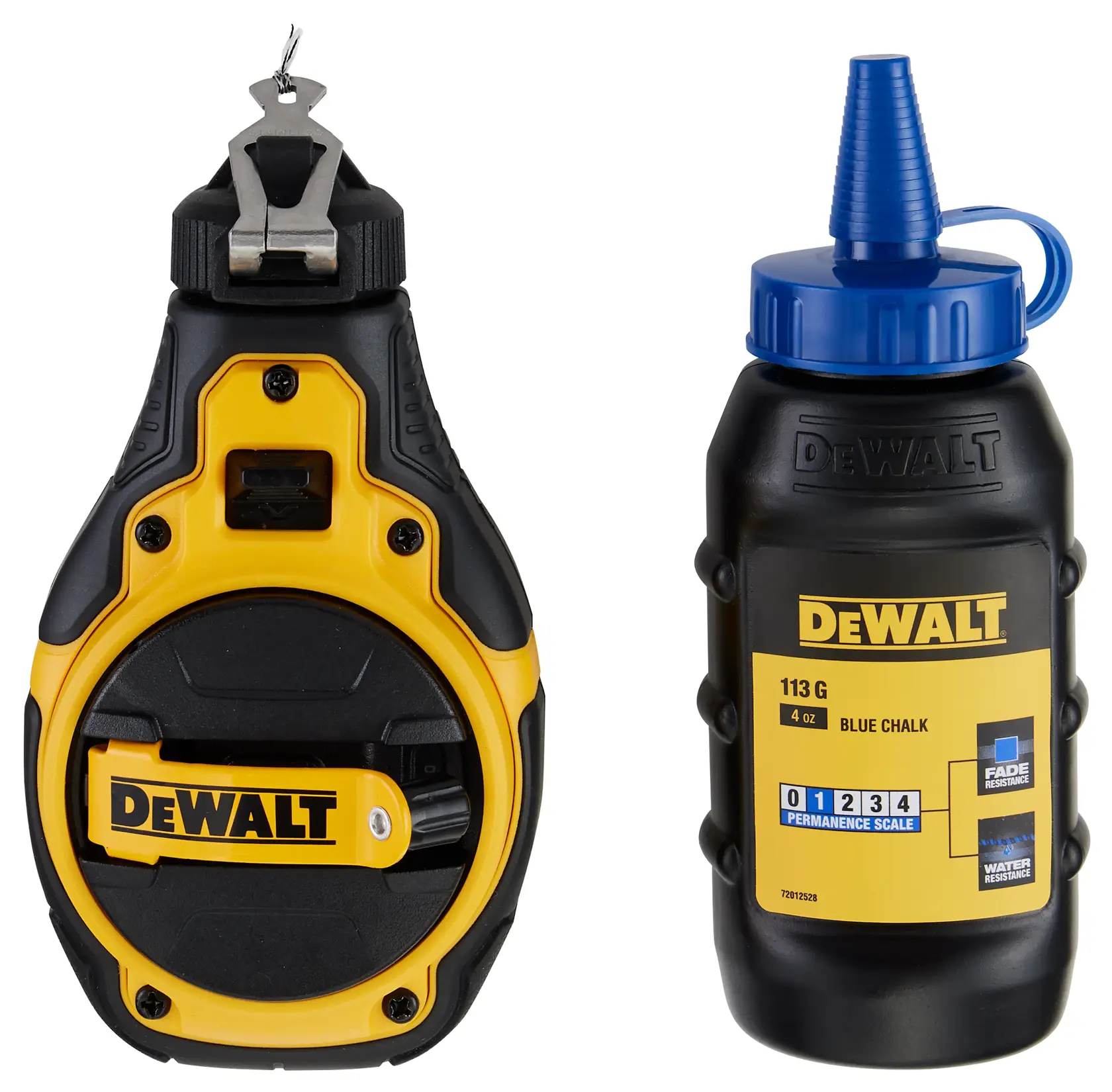DEWALT chalk line tool and blue chalk powder bottle for marking straight lines in construction.