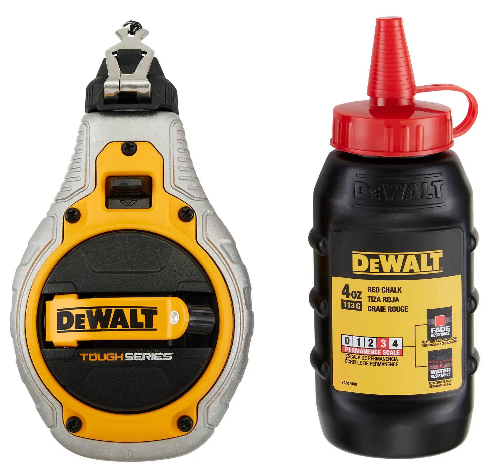 DEWALT chalk line reel and red chalk bottle for marking straight lines in construction or photography.
