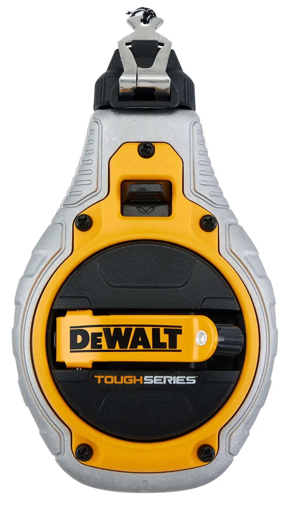 DEWALT Tough Series chalk line tool with yellow and black design, shown from the front.