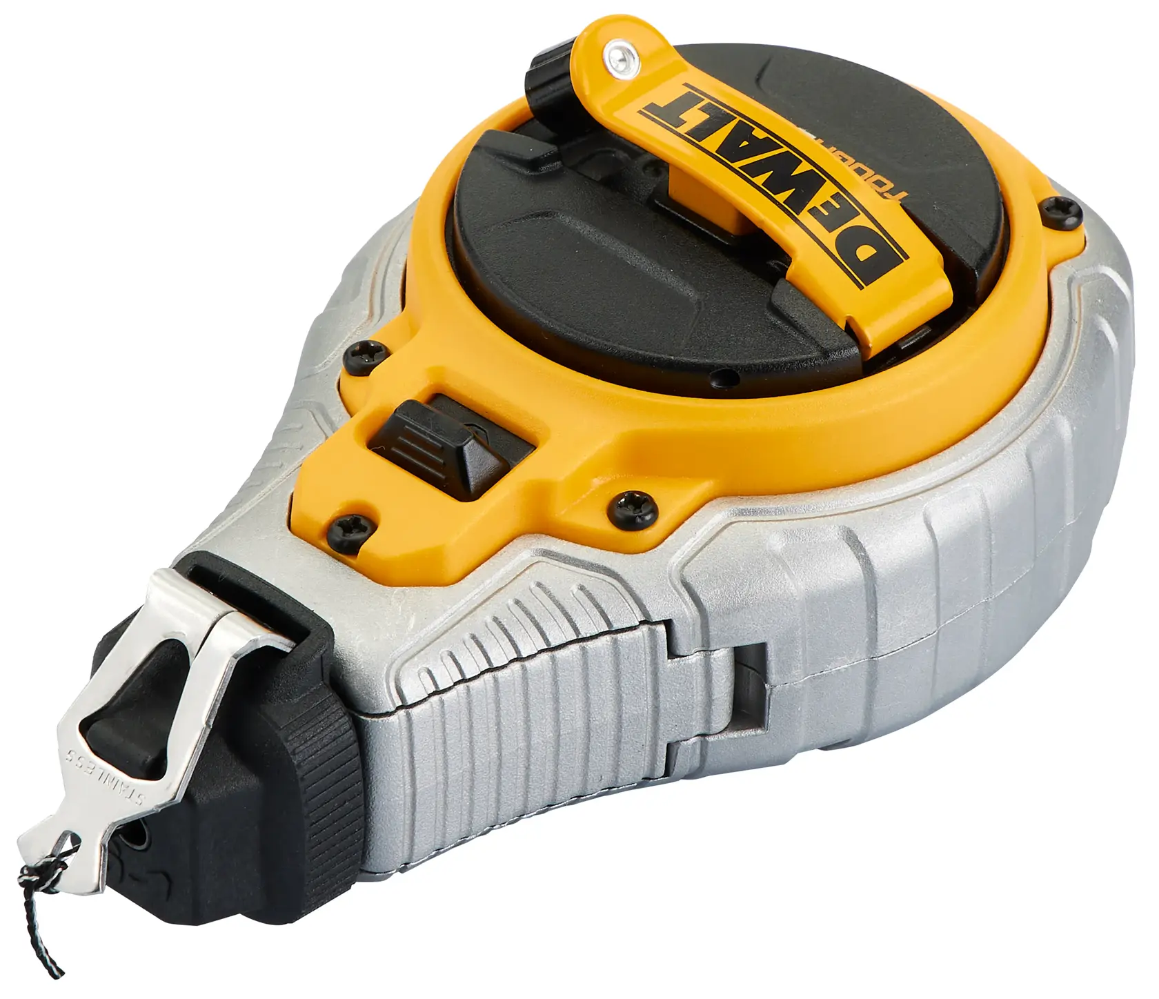 DEWALT measuring tape with yellow and silver casing, black reel, and attached metal hook.