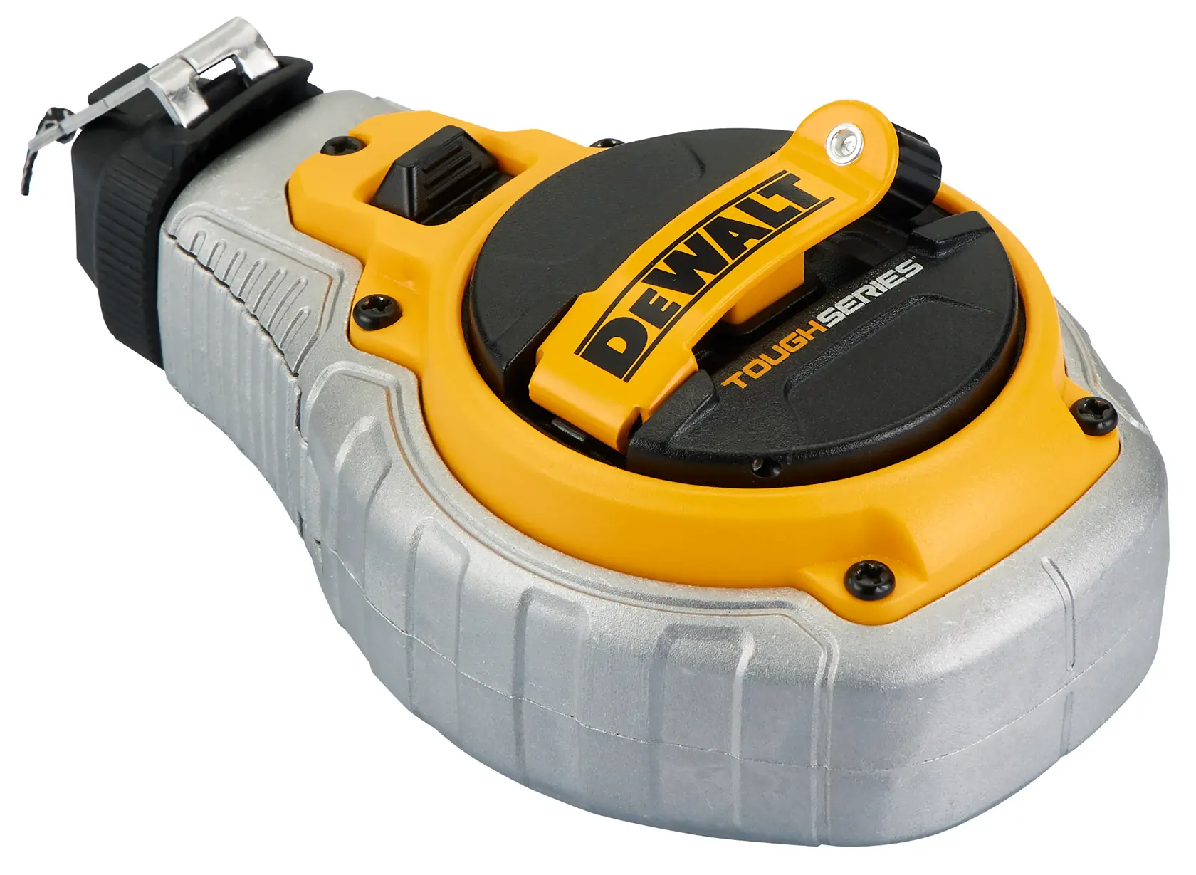 DEWALT Tough Series measuring tape with durable casing and yellow-black branding, used for construction measurements.