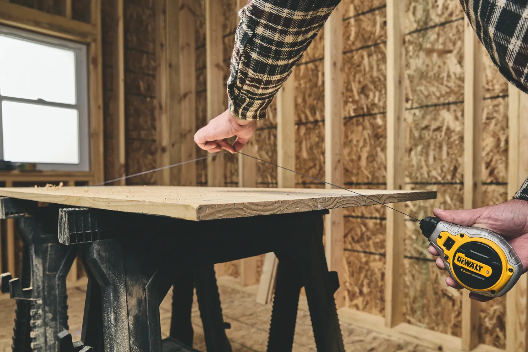 Person using a DEWALT tape measure to measure a wooden plank in an unfinished room.