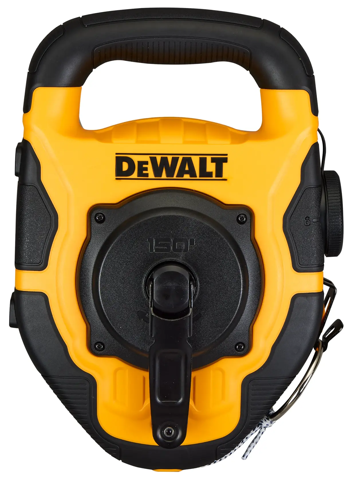 DEWALT DWHT48337 yellow and black chalk reel tool with handle, used for marking straight lines on surfaces, shown from above on a white background.