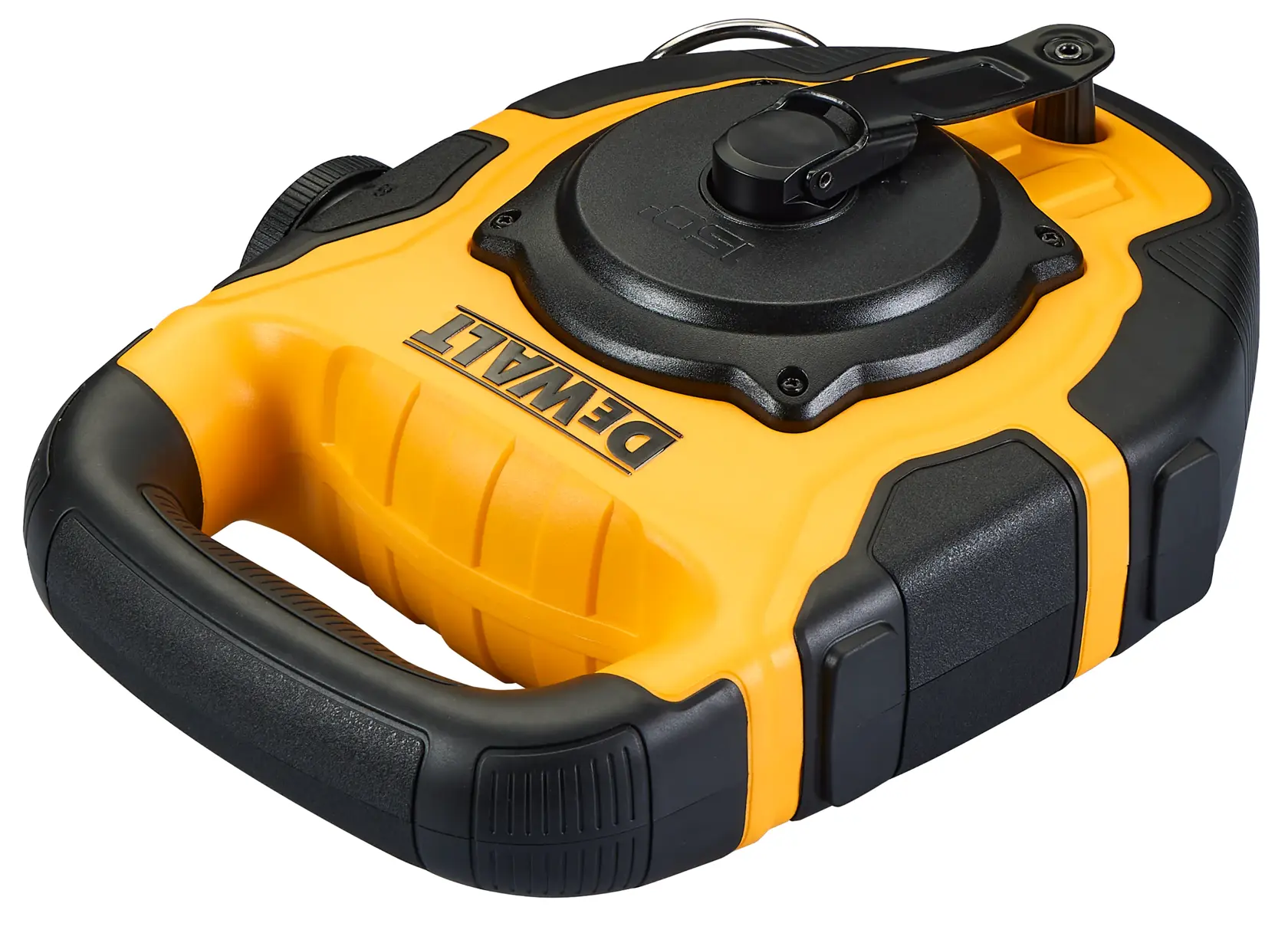 A close-up view of a DEWALT chalk reel in yellow and black, featuring a durable handle and winding mechanism on top.