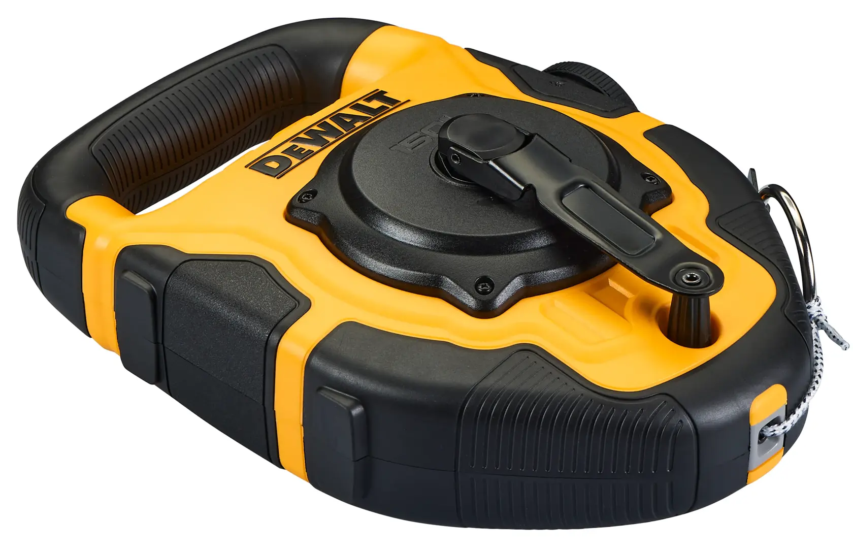 A DEWALT closed reel long measuring tape with a black and yellow rugged plastic casing, handle, and crank, designed for heavy-duty use.