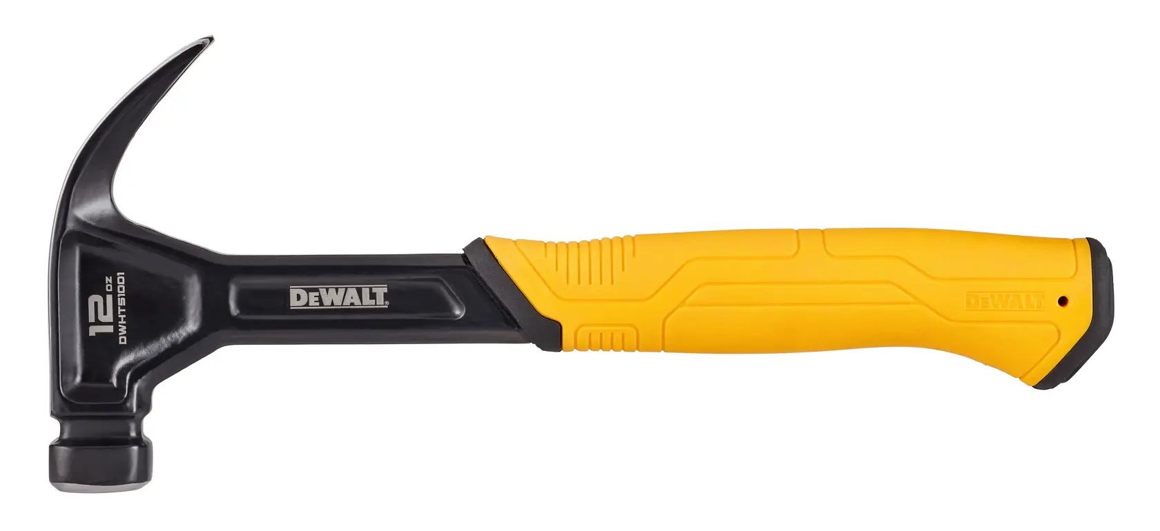 A DEWALT 12 oz claw hammer with a black head and a yellow ergonomic handle, shown against a white background.