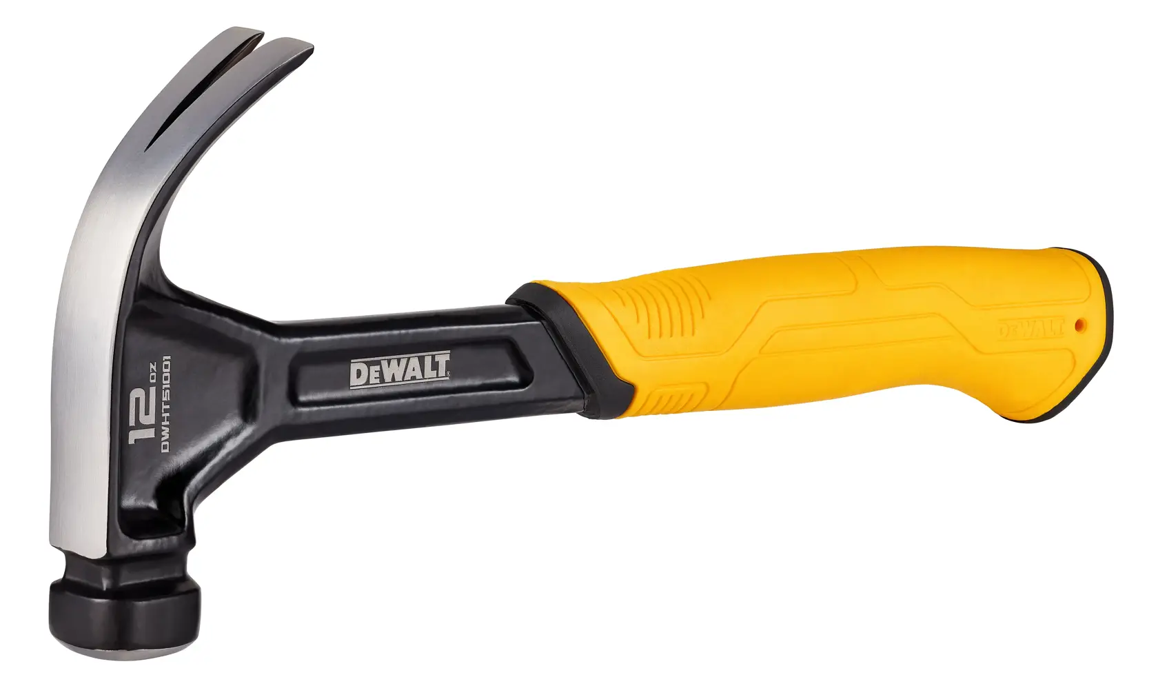 A DEWALT 12 oz claw hammer with a yellow and black handle, model DWHT51001, designed for general construction and carpentry use.