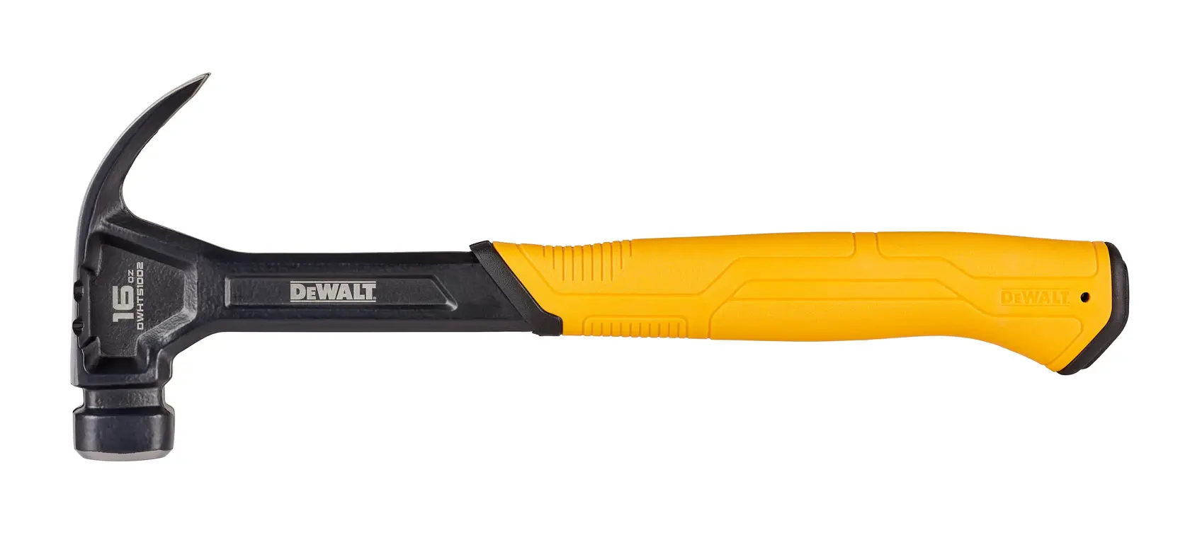 A DEWALT claw hammer with a black head and a yellow ergonomic handle, shown against a white background.