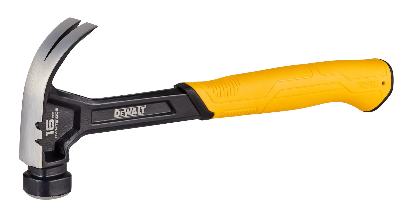 A DEWALT claw hammer with a yellow and black handle and a metallic head, designed for construction and general use.