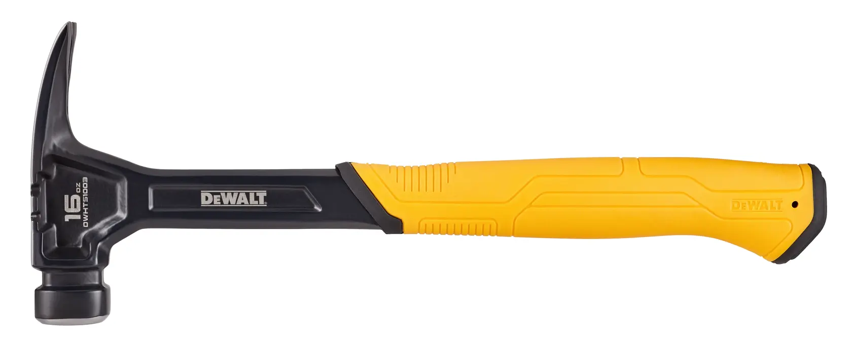 A DEWALT claw hammer with a 16 ounce steel head and a yellow and black ergonomic handle, shown on a white background.
